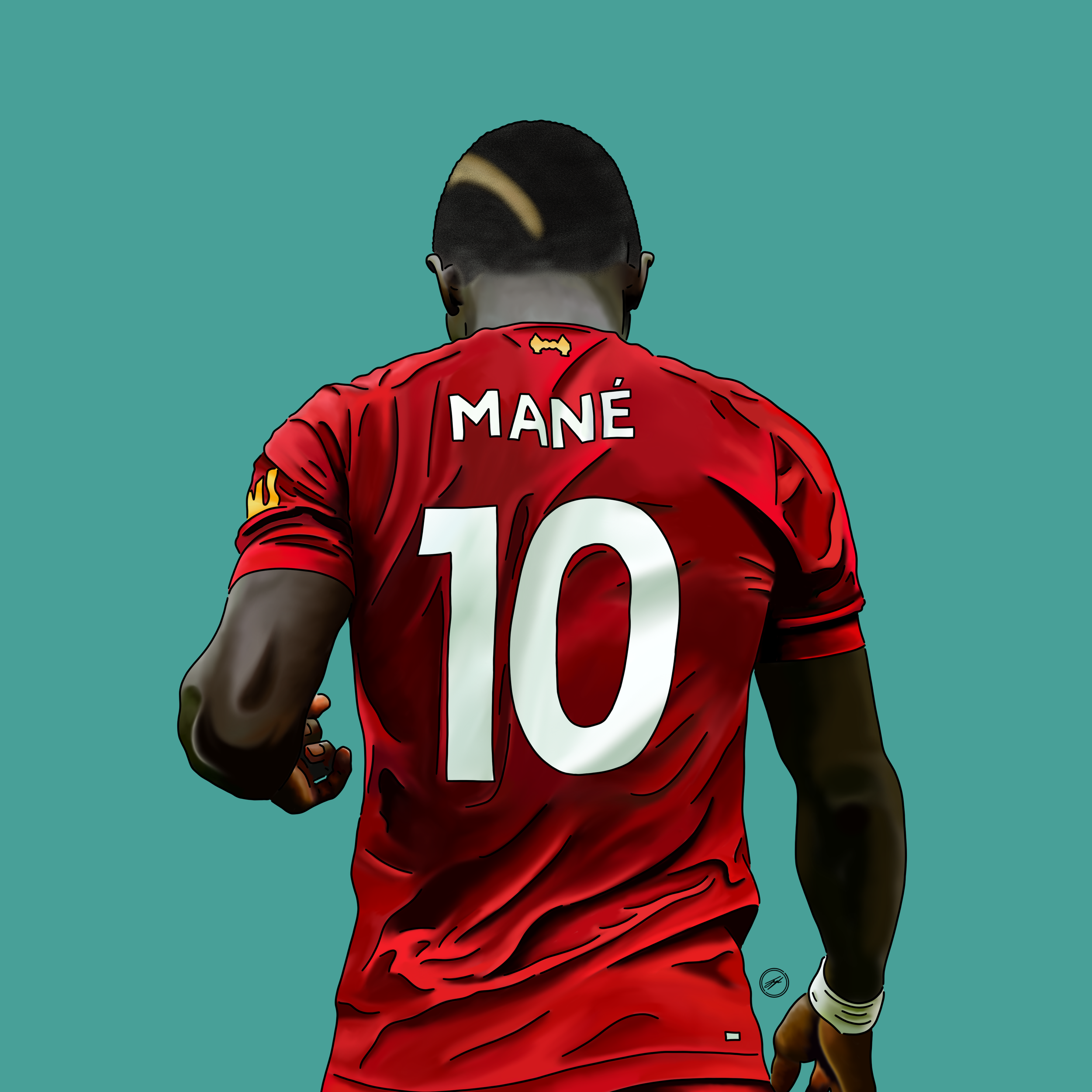 Digital illustration of a football player from behind, wearing a red jersey with the name 'Mané' and number 10.