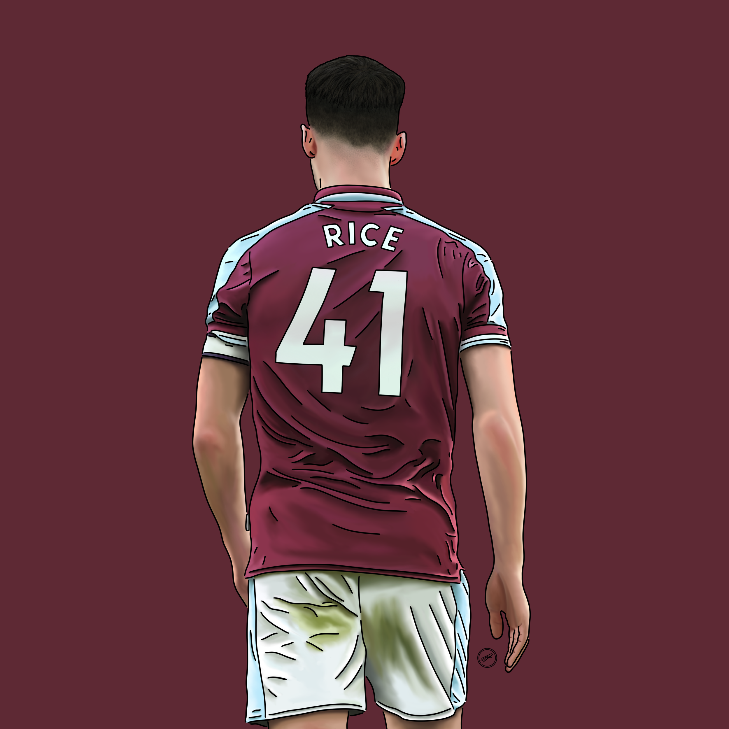 Digital illustration of a man seen from behind, wearing a maroon soccer jersey with the number 41 and the name 'RICE'.