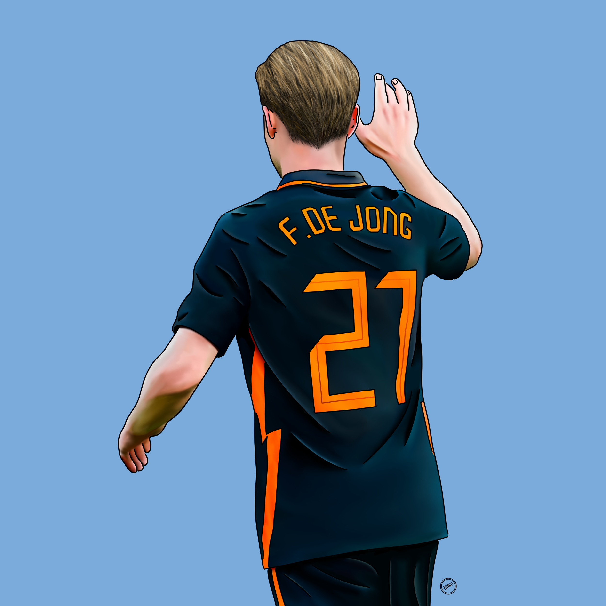 Back view of a soccer player wearing a black jersey with orange accents, with the name 'F. DE JONG' and the number 27 on the back, against a blue background.