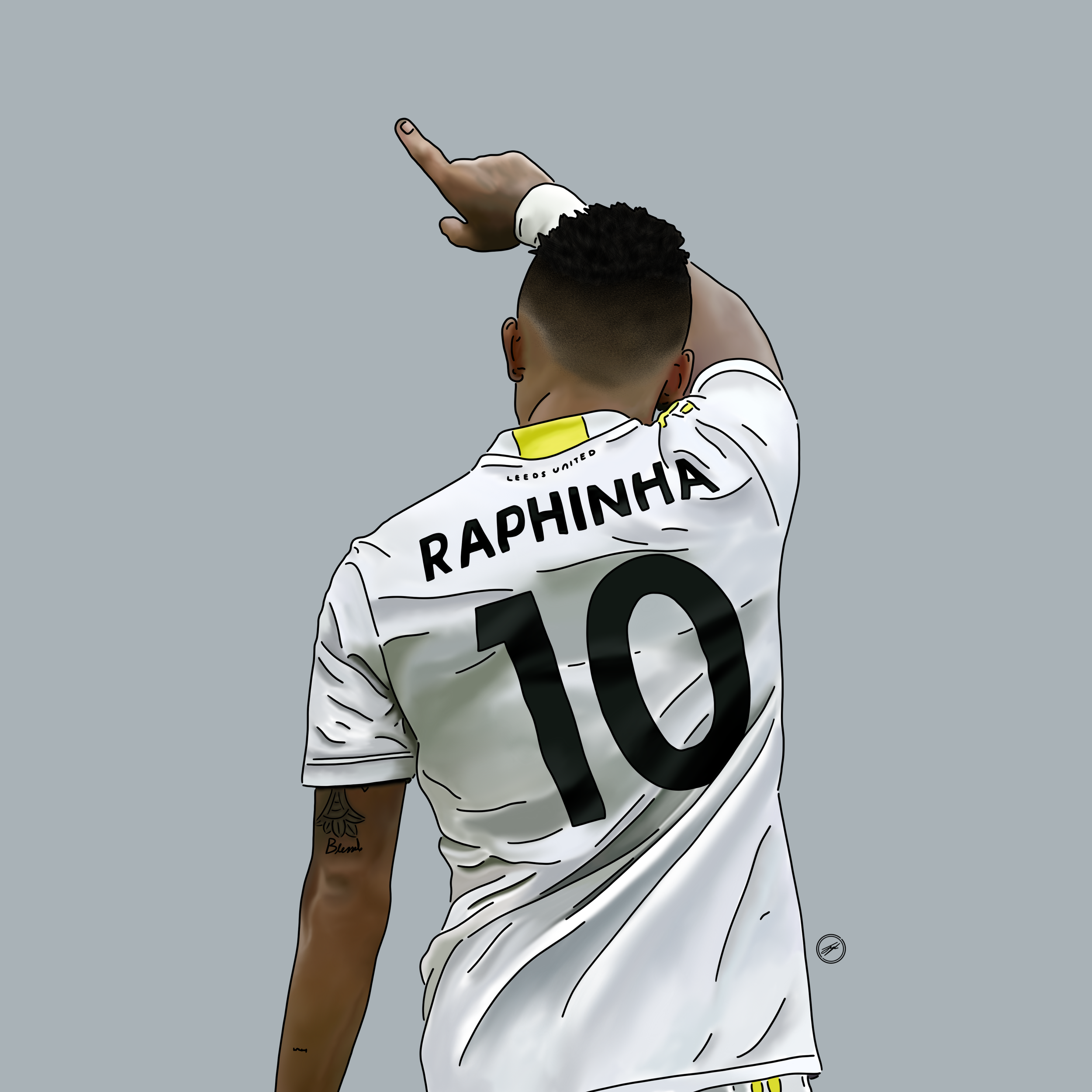 Digital illustration of a soccer player from behind, wearing a white jersey with the name 'RAPHINHA' and the number '10' in large black font.