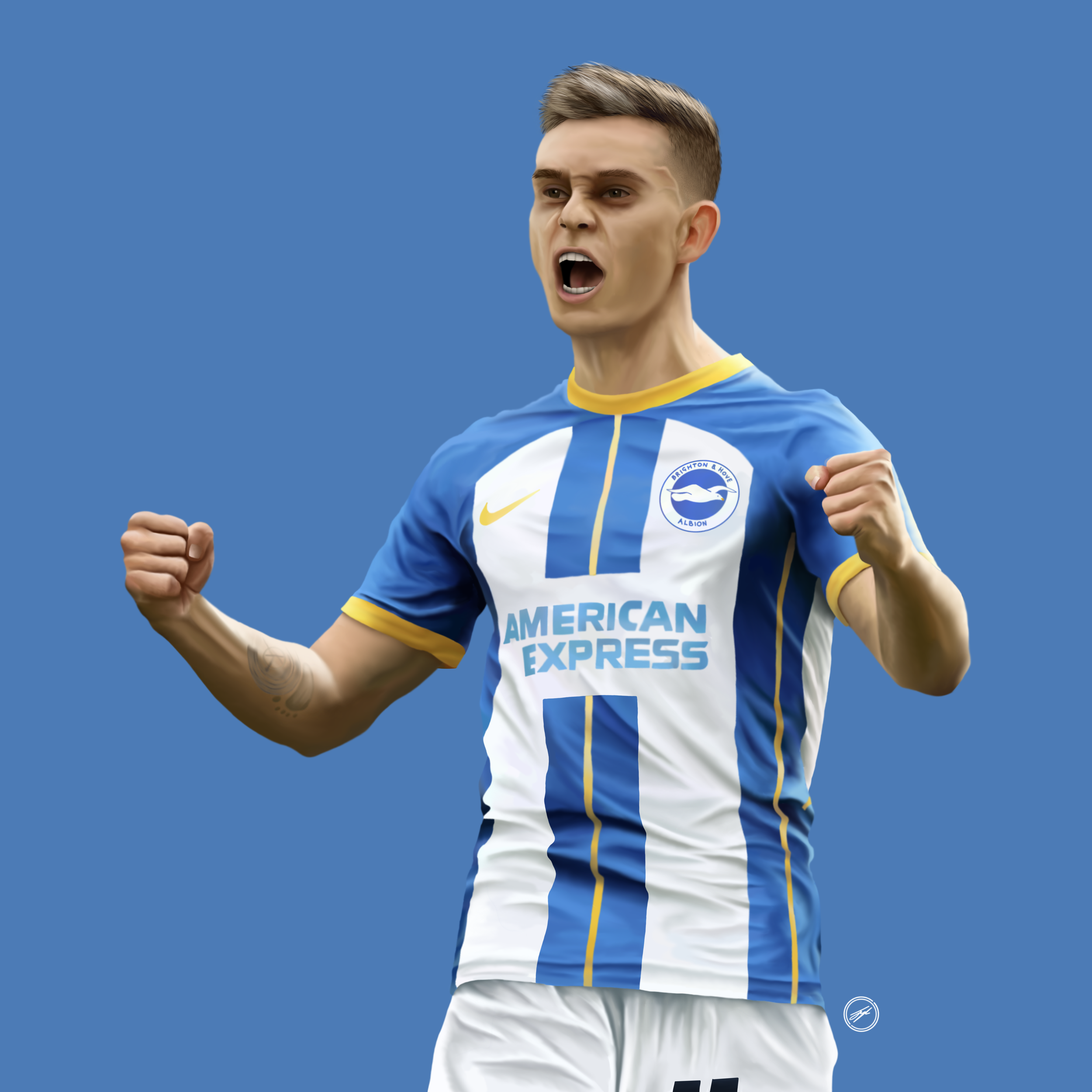 A soccer player wearing a blue and white jersey celebrating with clenched fists and an open mouth, on a solid blue background.