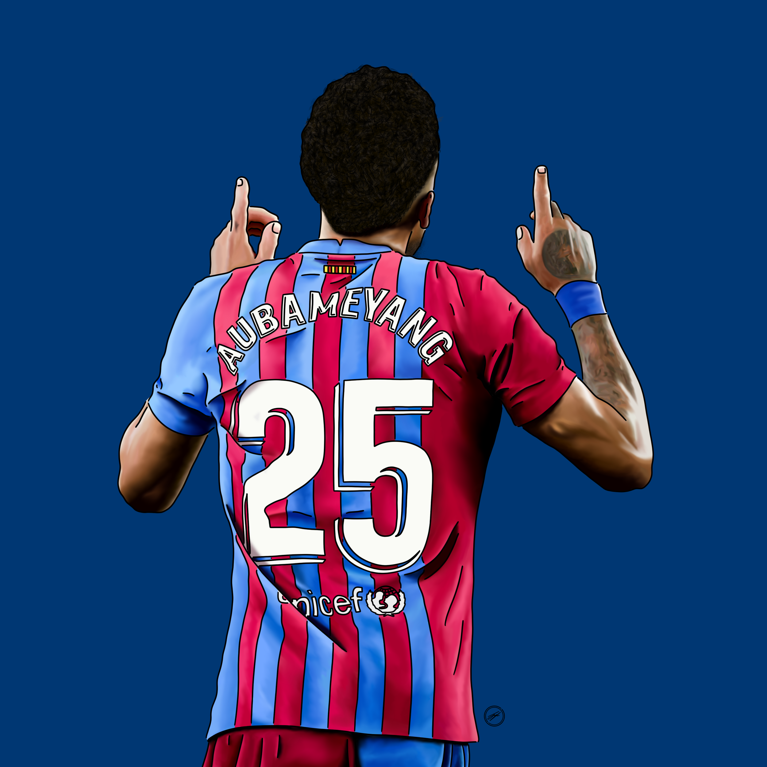 Illustration of a soccer player from behind, wearing a red and blue striped jersey with the name 'AUBAMEYANG' and number '25', making a gesture with both hands against a dark blue background.