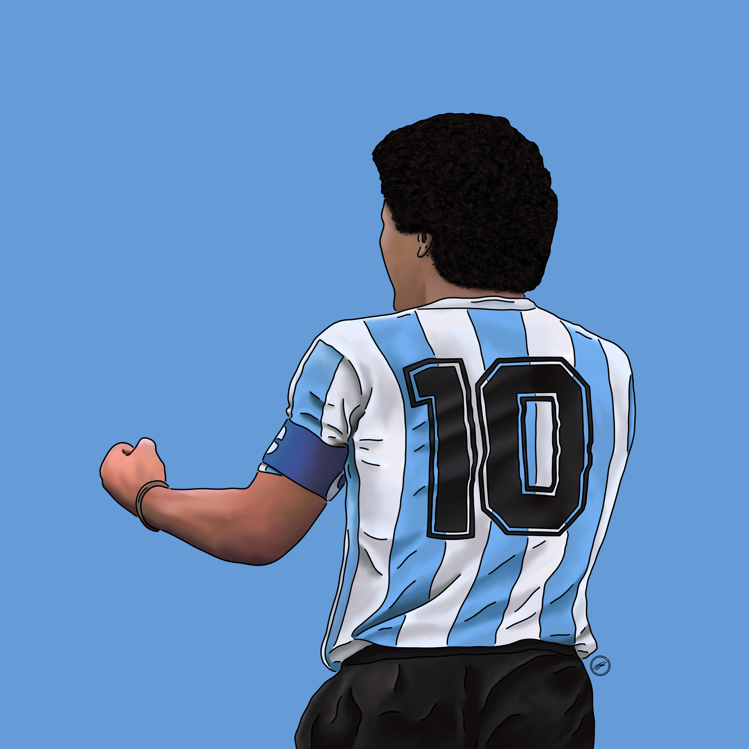 Digital illustration of a soccer player from behind, wearing the number 10 jersey with blue and white vertical stripes, against a solid blue background.
