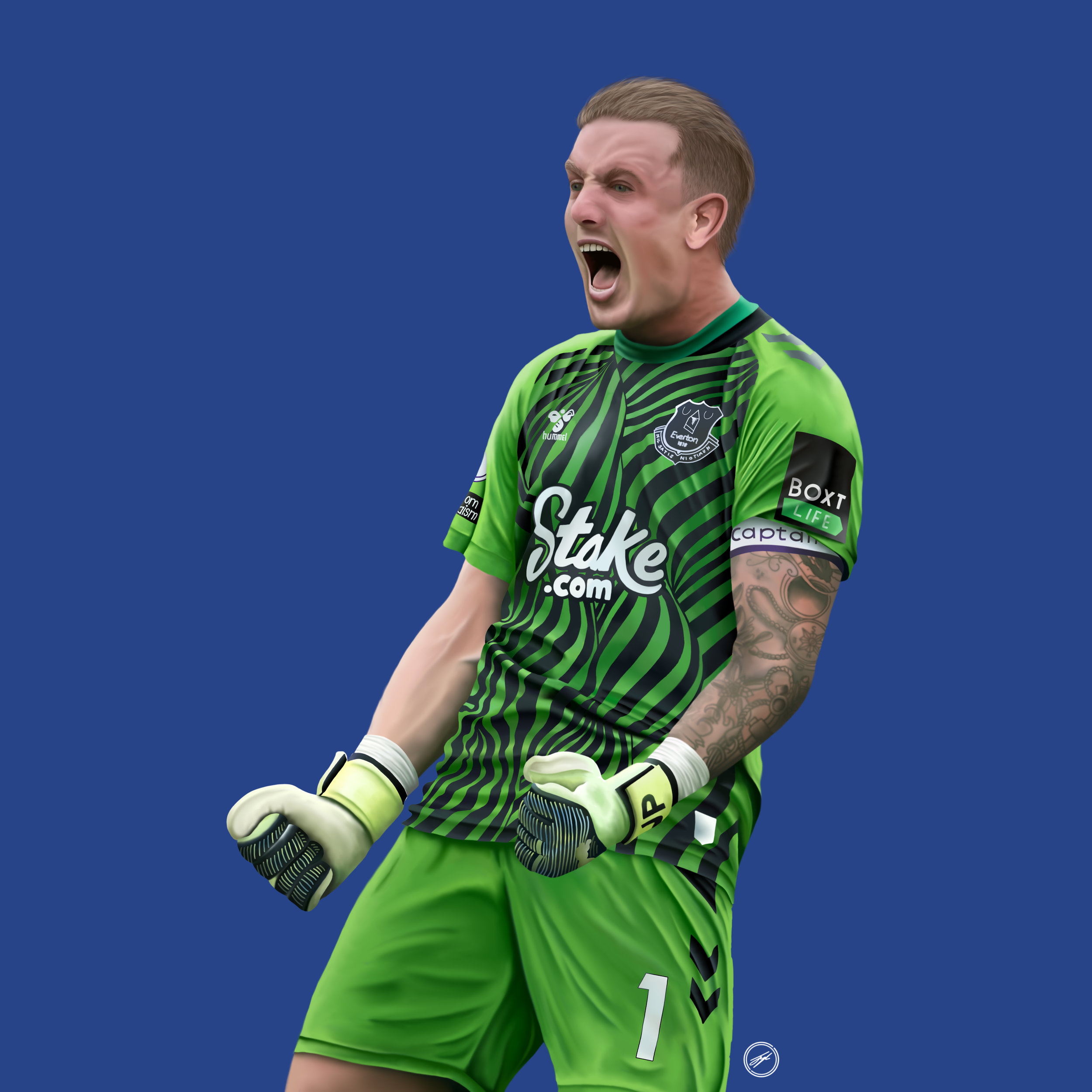 A male soccer goalkeeper wearing a green and black uniform with logos, gloves, and tattoos, celebrating with a wide open mouth.