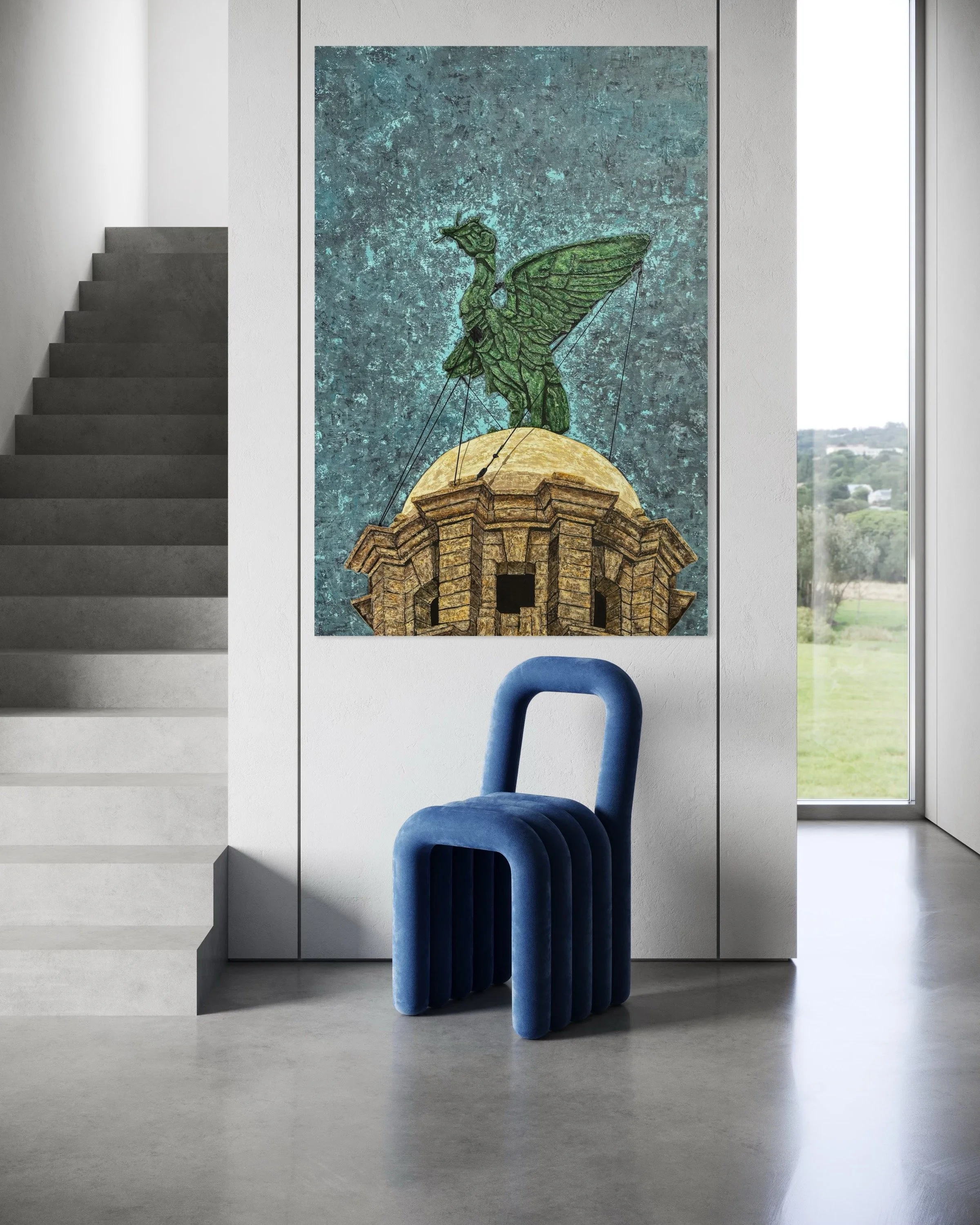 Modern interior with a large abstract painting of a winged creature standing on a tower, a blue velvet chair in front of the wall, a staircase to the left, and a glass door to the right showing a green outdoor landscape.