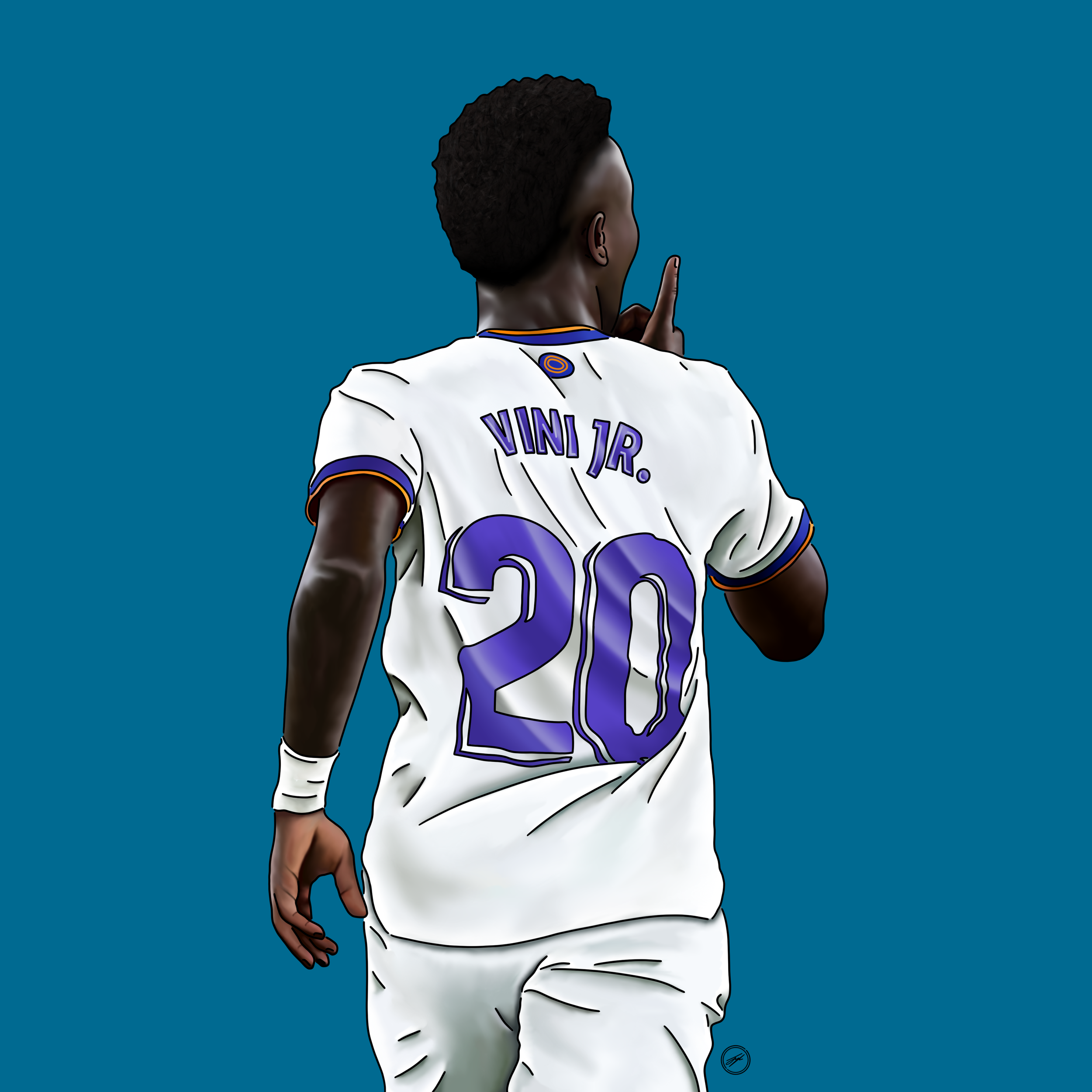 A digital illustration of a football player from the back, wearing a white jersey with purple accents, number 20, and the name "VINI JR." on it. The player is making a shushing gesture with his right index finger, against a solid blue background.