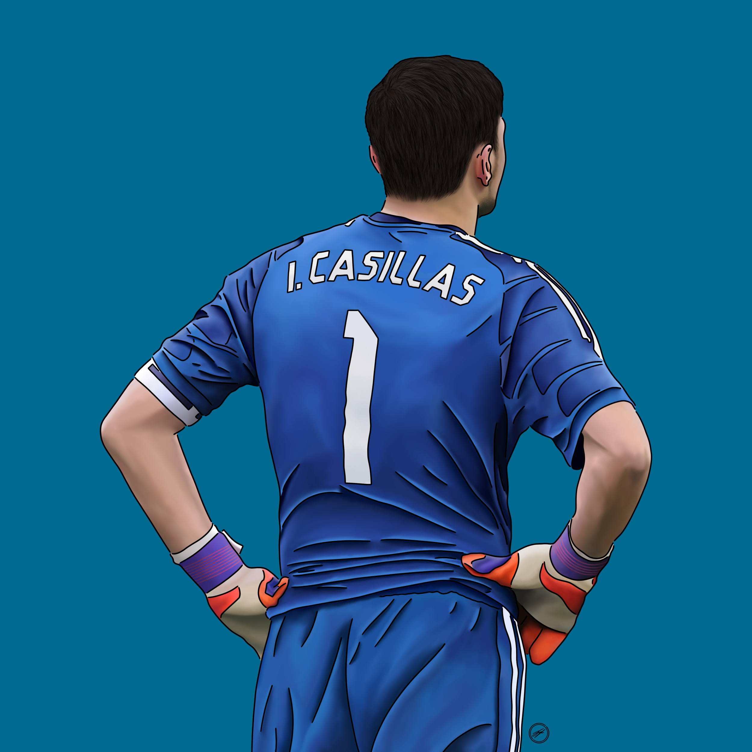 Digital illustration of a soccer goalkeeper wearing a blue jersey with the name I. Casillas and number 1 on the back, standing with hands on hips against a teal background.