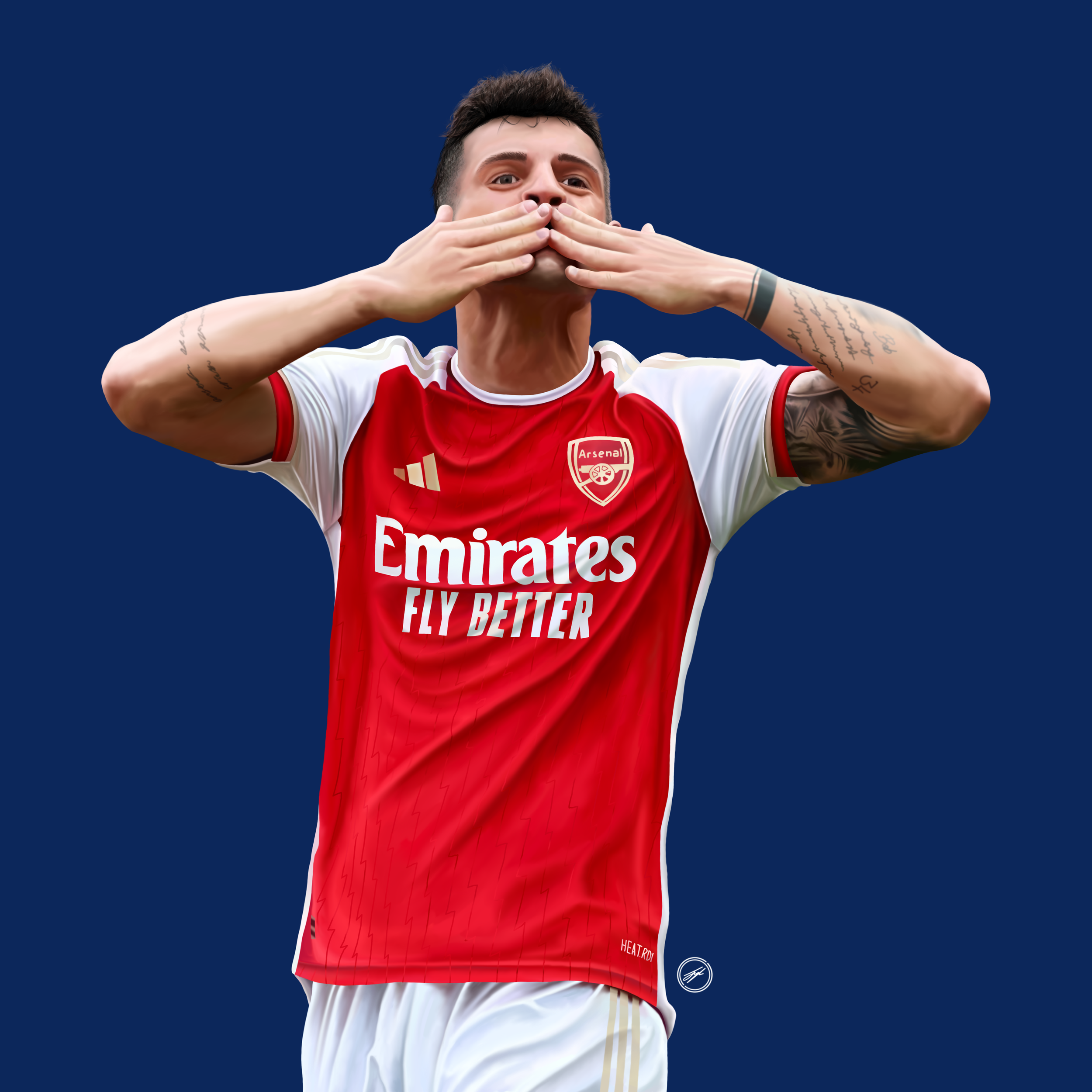 A male soccer player wearing an Arsenal jersey, blowing a kiss, against a solid dark blue background.