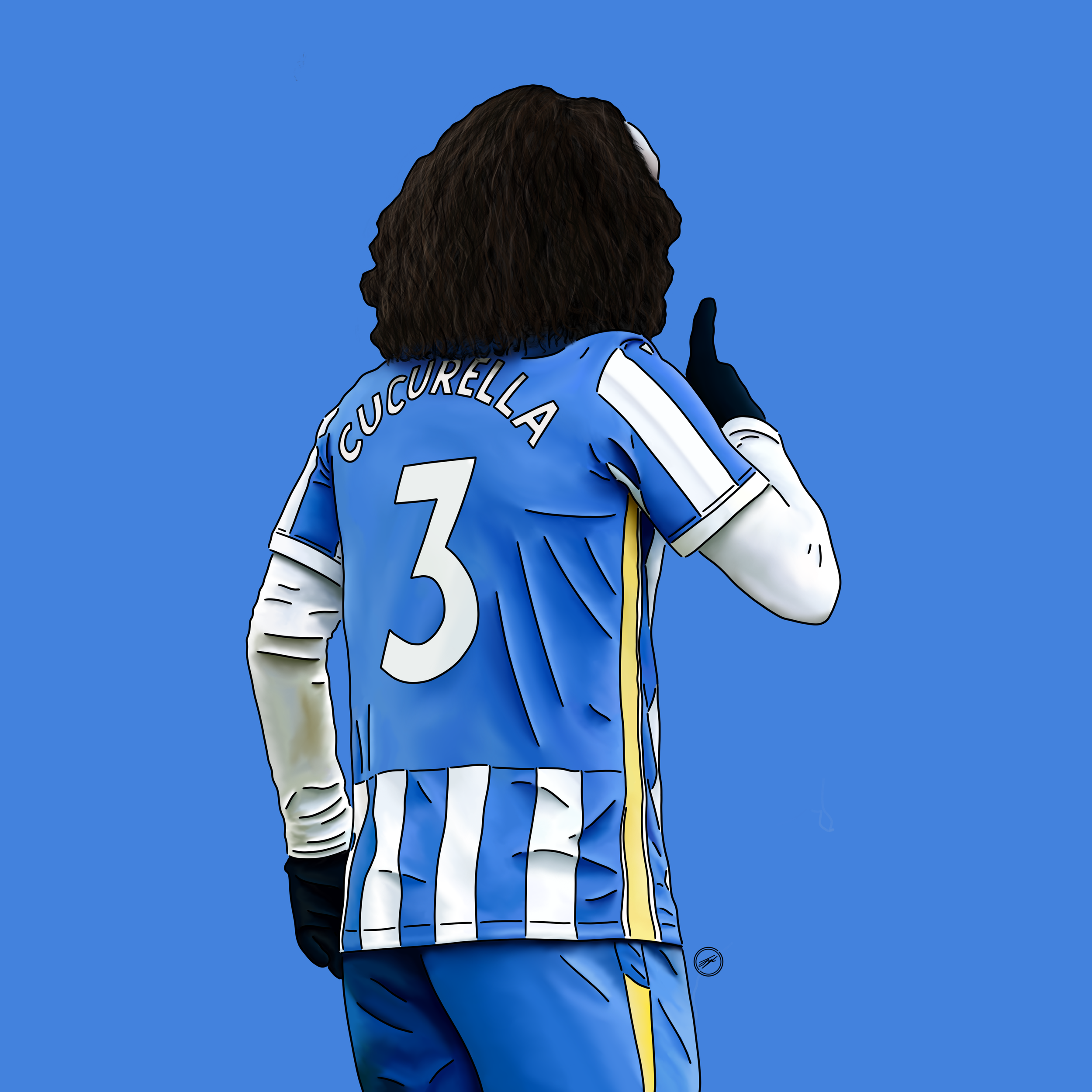 Digital illustration of a soccer player from behind, wearing a blue and white striped jersey with the name 'Cucurella' and the number 3, making a gesture with his right hand.