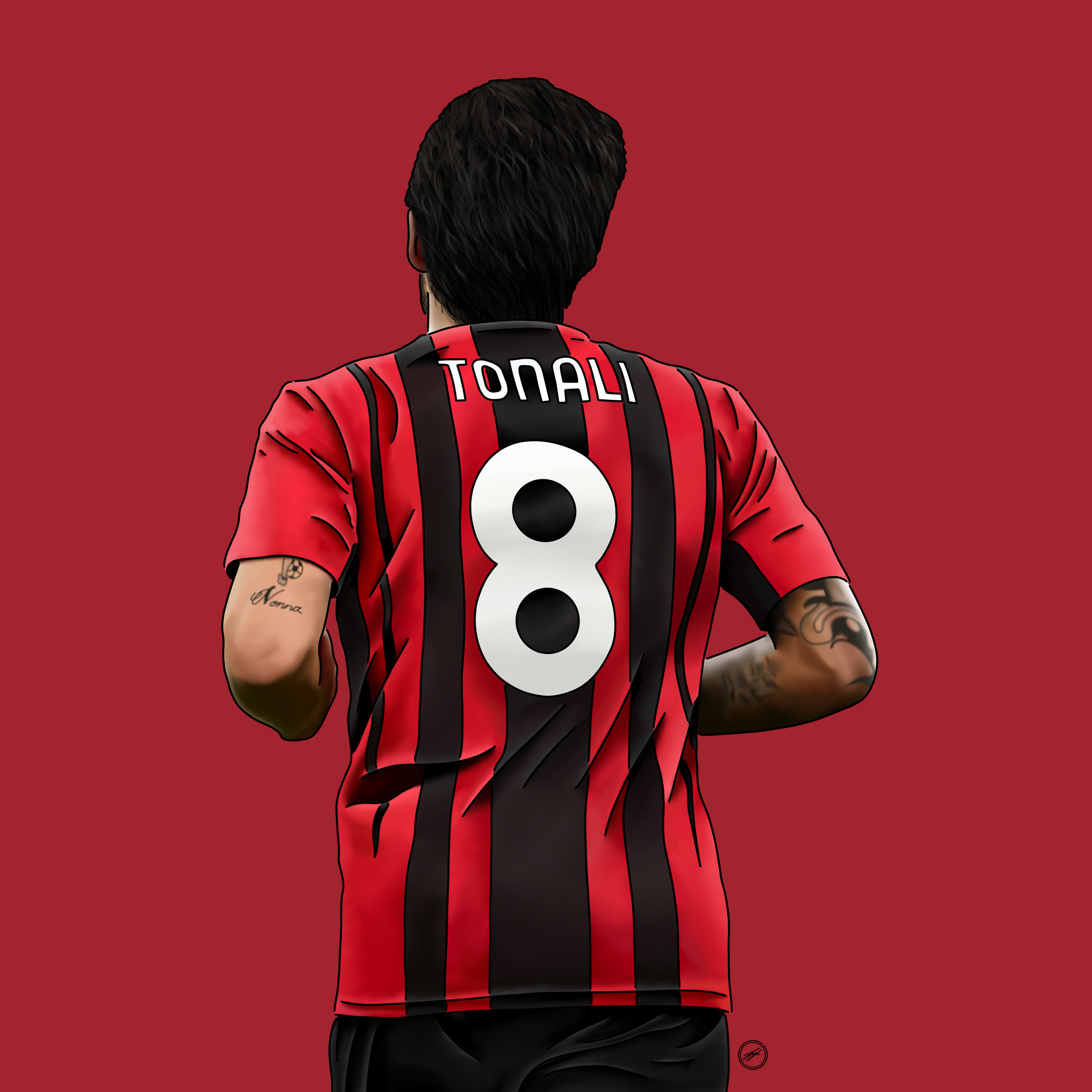 Digital illustration of Antonio de Nigris in A.C. Milan jersey, viewed from the back, with the number 8 and the name 'Tonali' on it, against a red background.