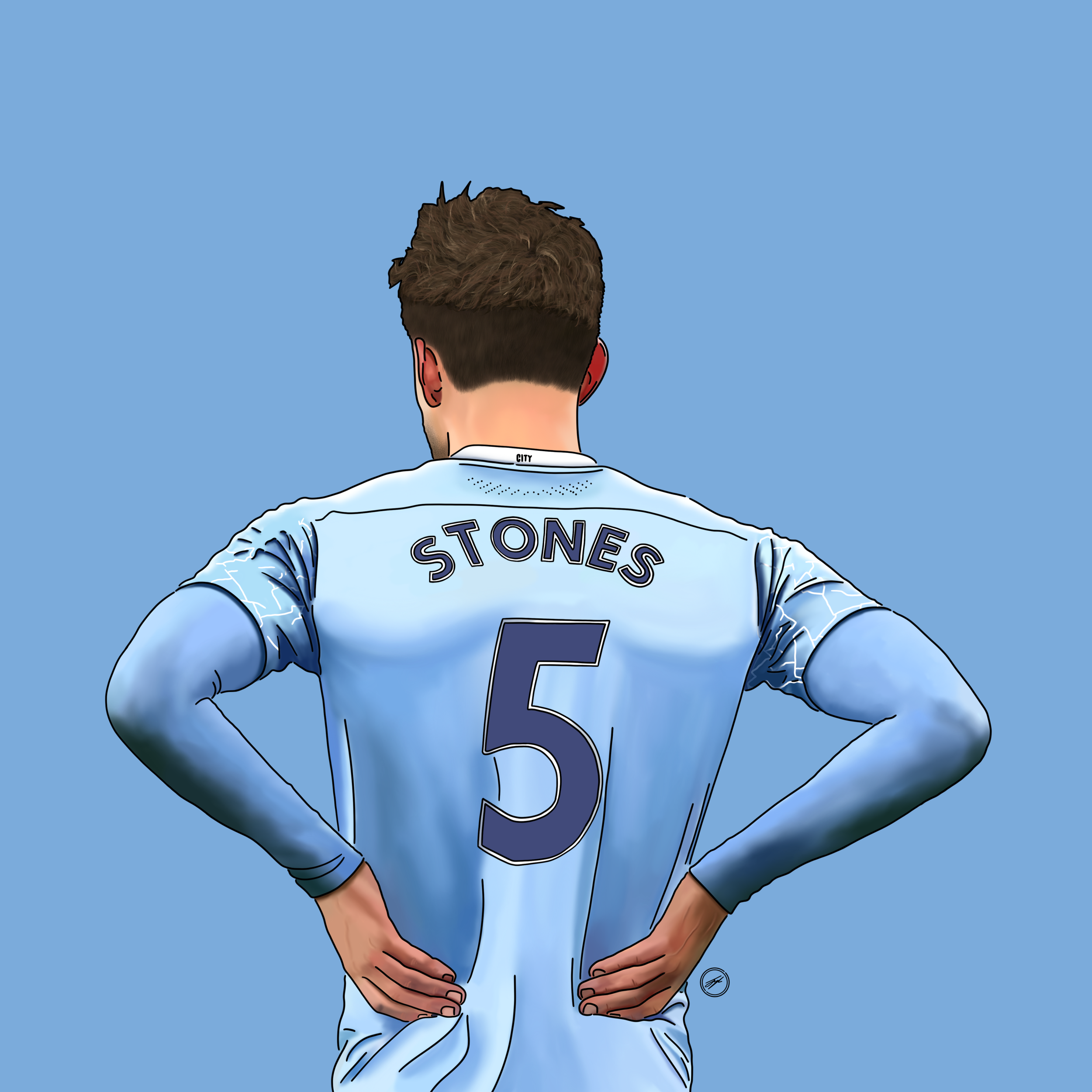 Digital illustration of a soccer player from behind, wearing a light blue jersey with the name 'Stones' and number 5 on the back, standing with hands on hips against a plain blue background.