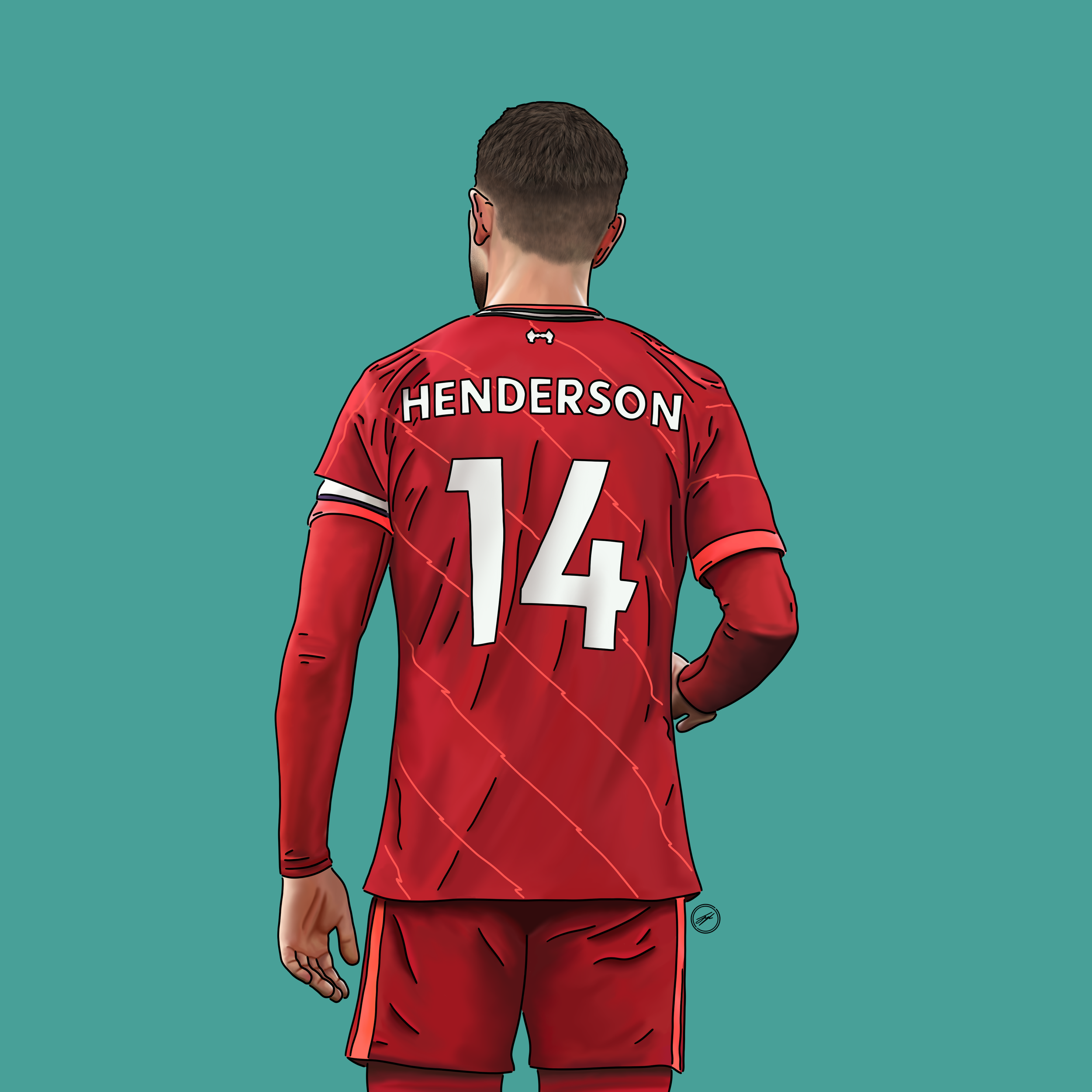 Digital illustration of a male football player from behind, wearing a red jersey with the name Henderson and the number 14, standing against a plain teal background.