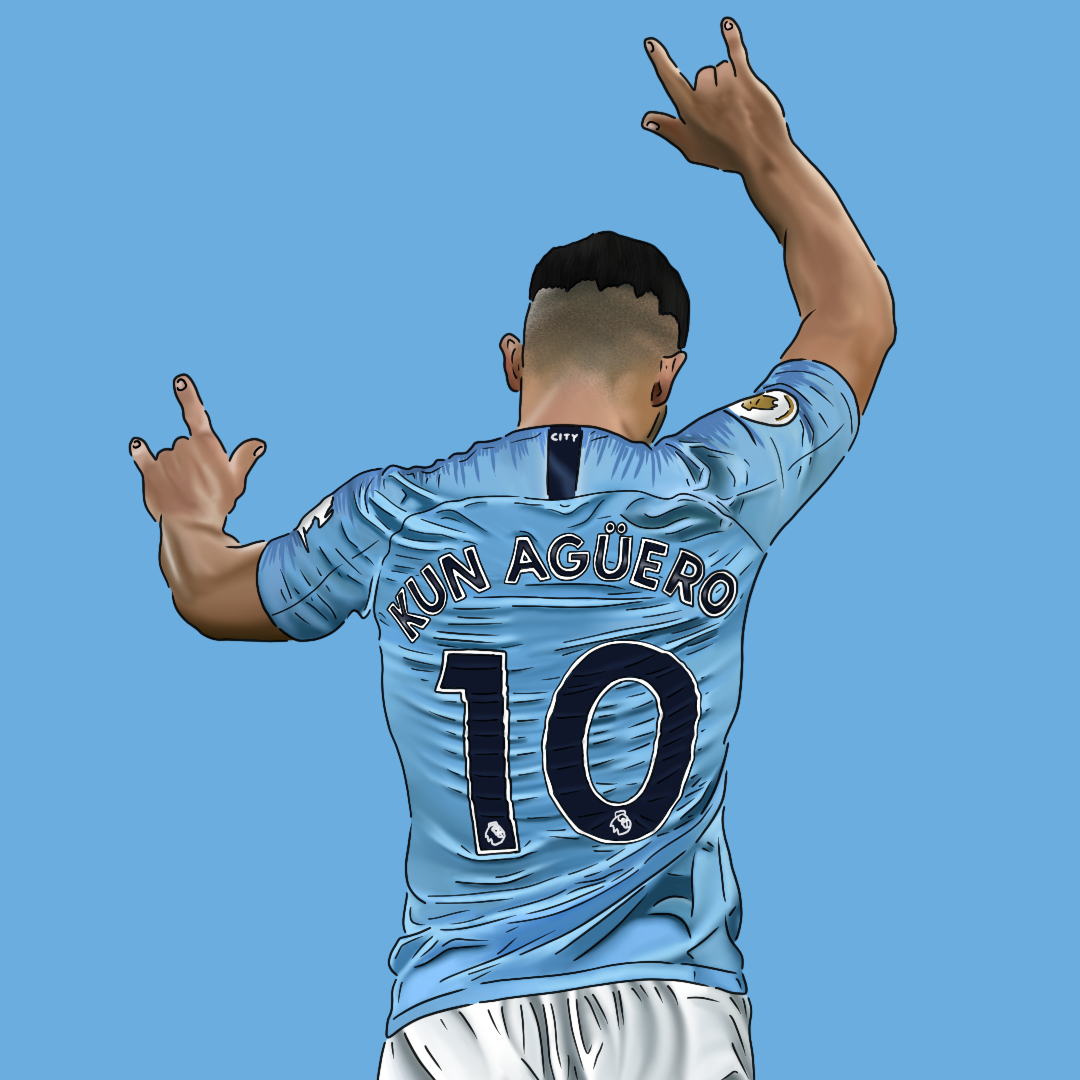 Digital illustration of a soccer player celebrating with back facing, wearing a light blue Manchester City jersey with the name 'Kun Agüero' and the number 10, against a plain blue background.