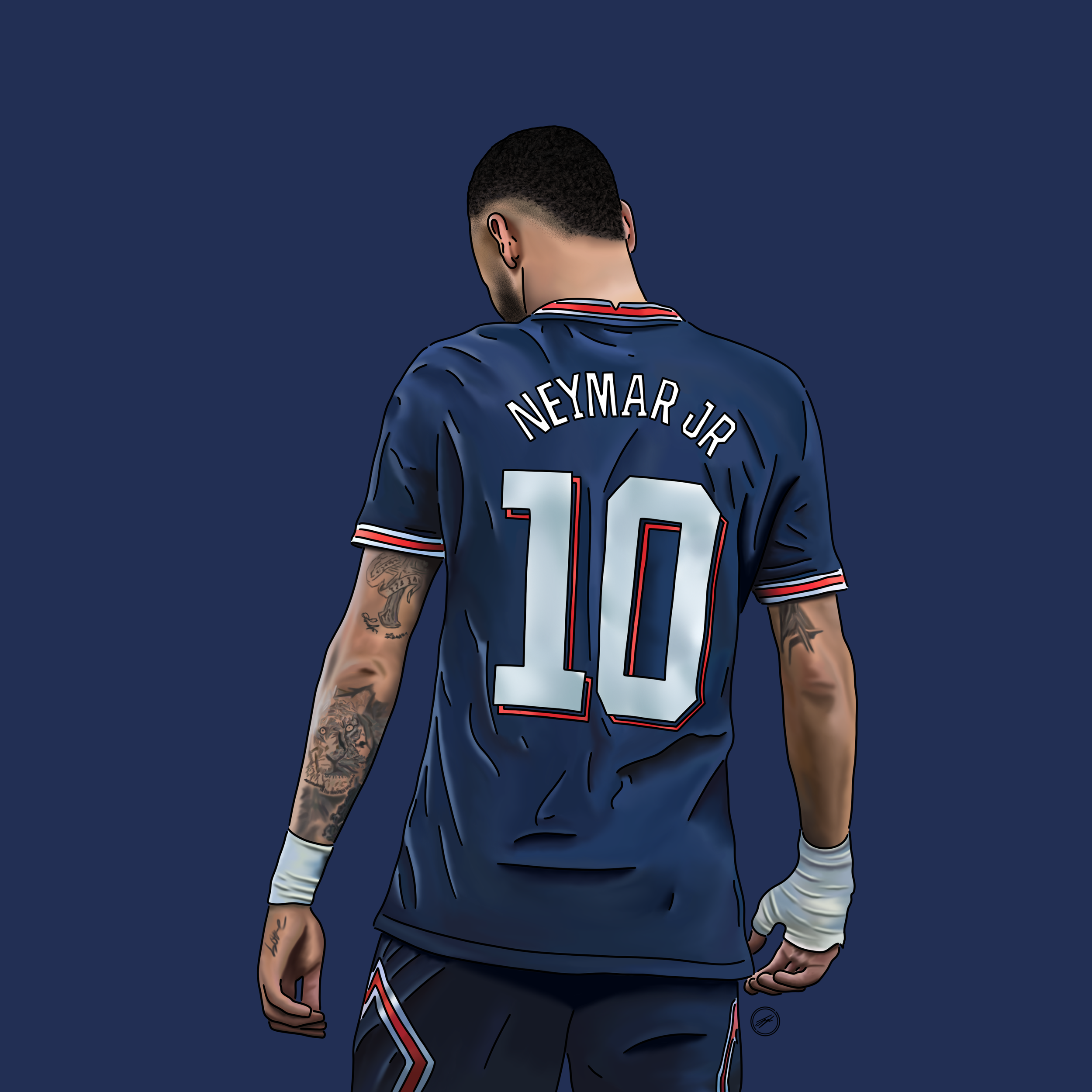 Digital illustration of Neymar Jr. seen from behind, wearing a navy blue soccer jersey with the number 10, against a dark blue background.