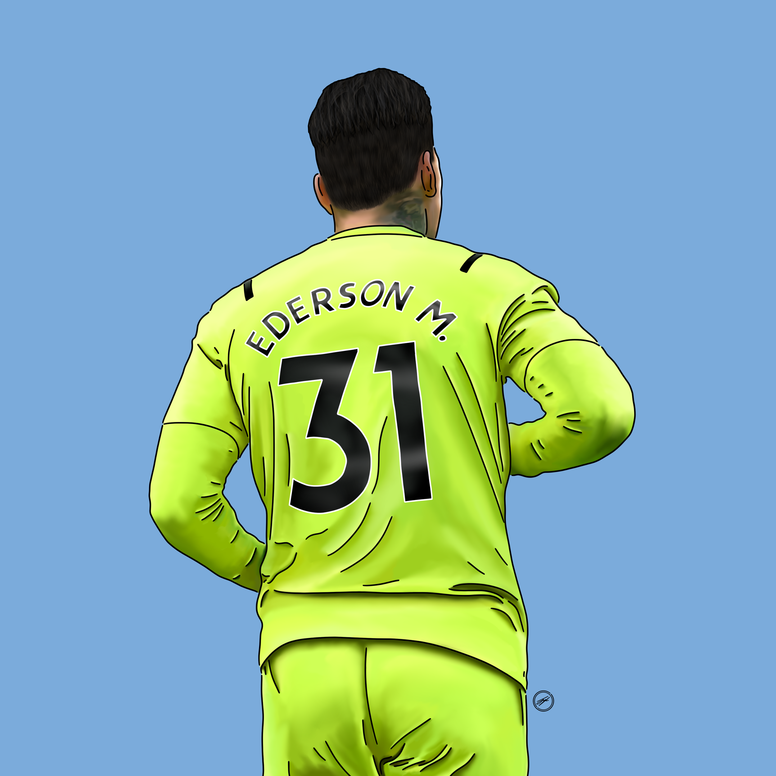 Illustration of a person viewed from the back, wearing a bright yellow sports jersey with the name 'Ederson M.' and the number '31' on it, against a solid light blue background.
