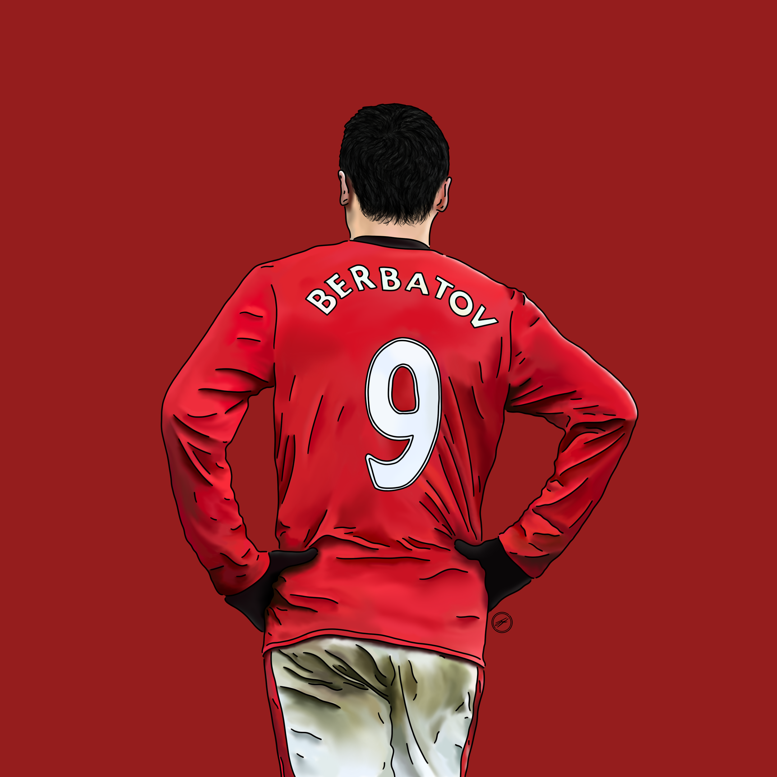 Digital illustration of a football player wearing a red jersey with the name 'BERBATOV' and the number 9, standing with hands on hips against a red background.