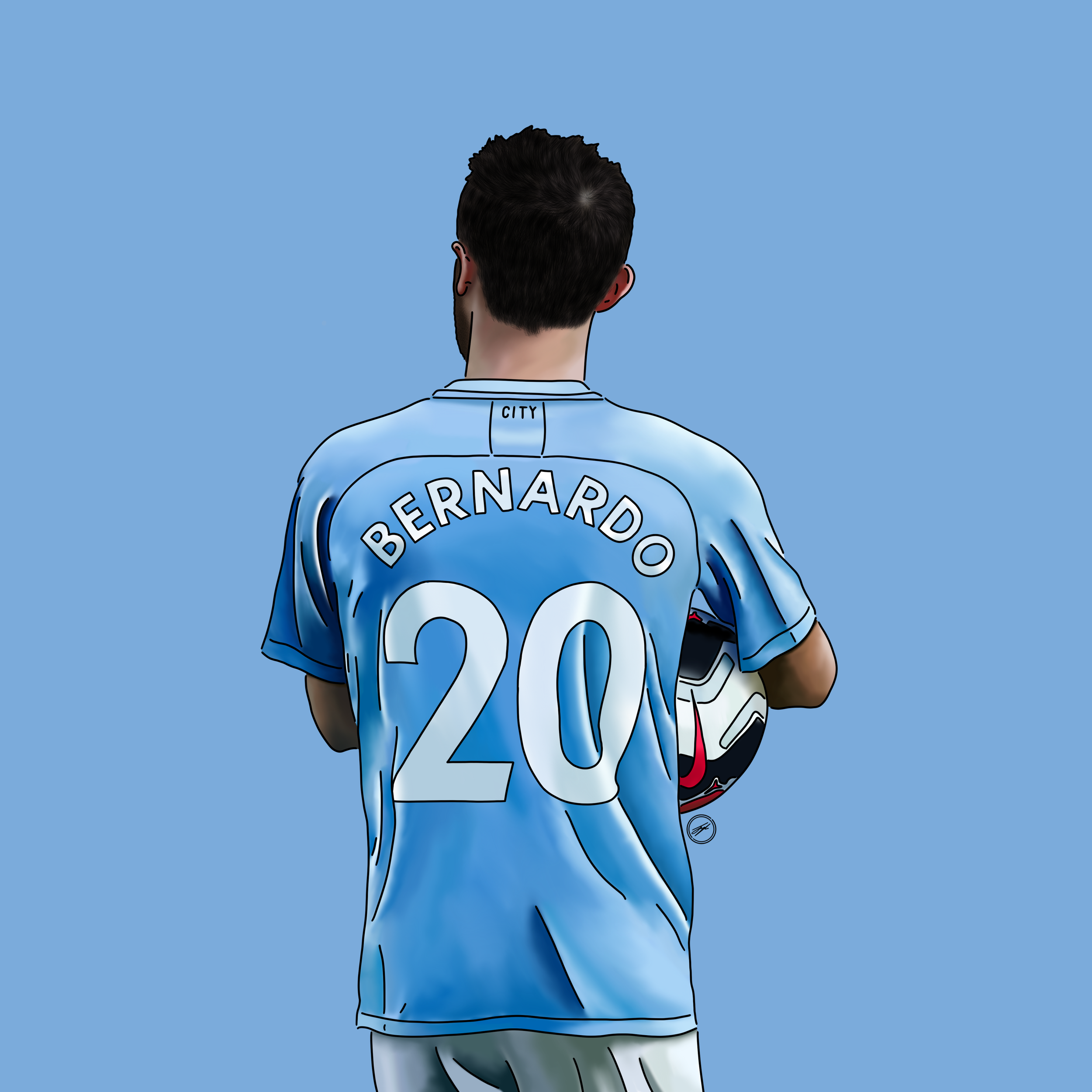 Illustration of a soccer player from behind, wearing a light blue jersey with the name 'Bernardo' and the number 20, holding a soccer ball against a blue background.