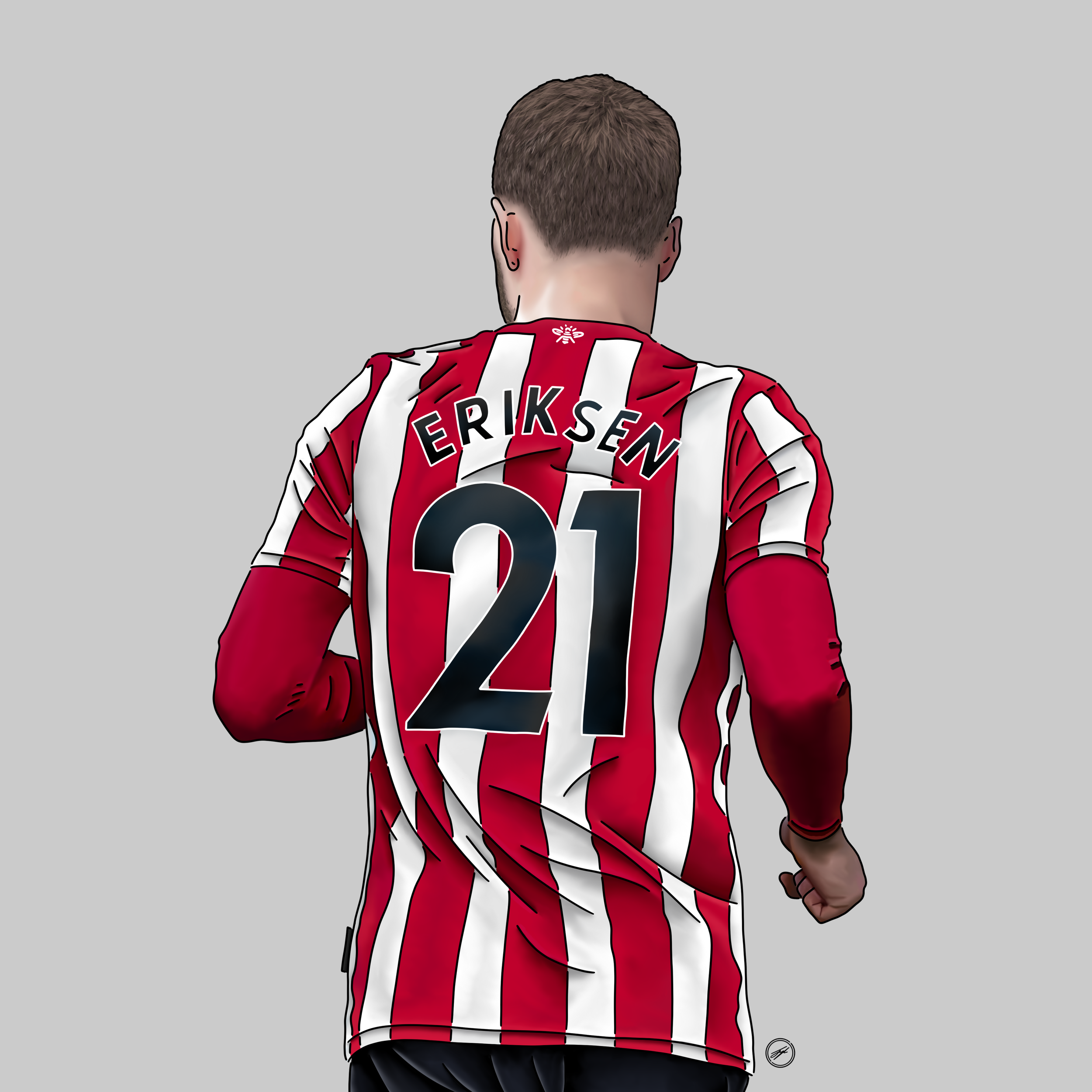 Digital illustration of a soccer player from behind, wearing a red and white striped jersey with the name ERIKSEN and the number 21. The background is solid gray.