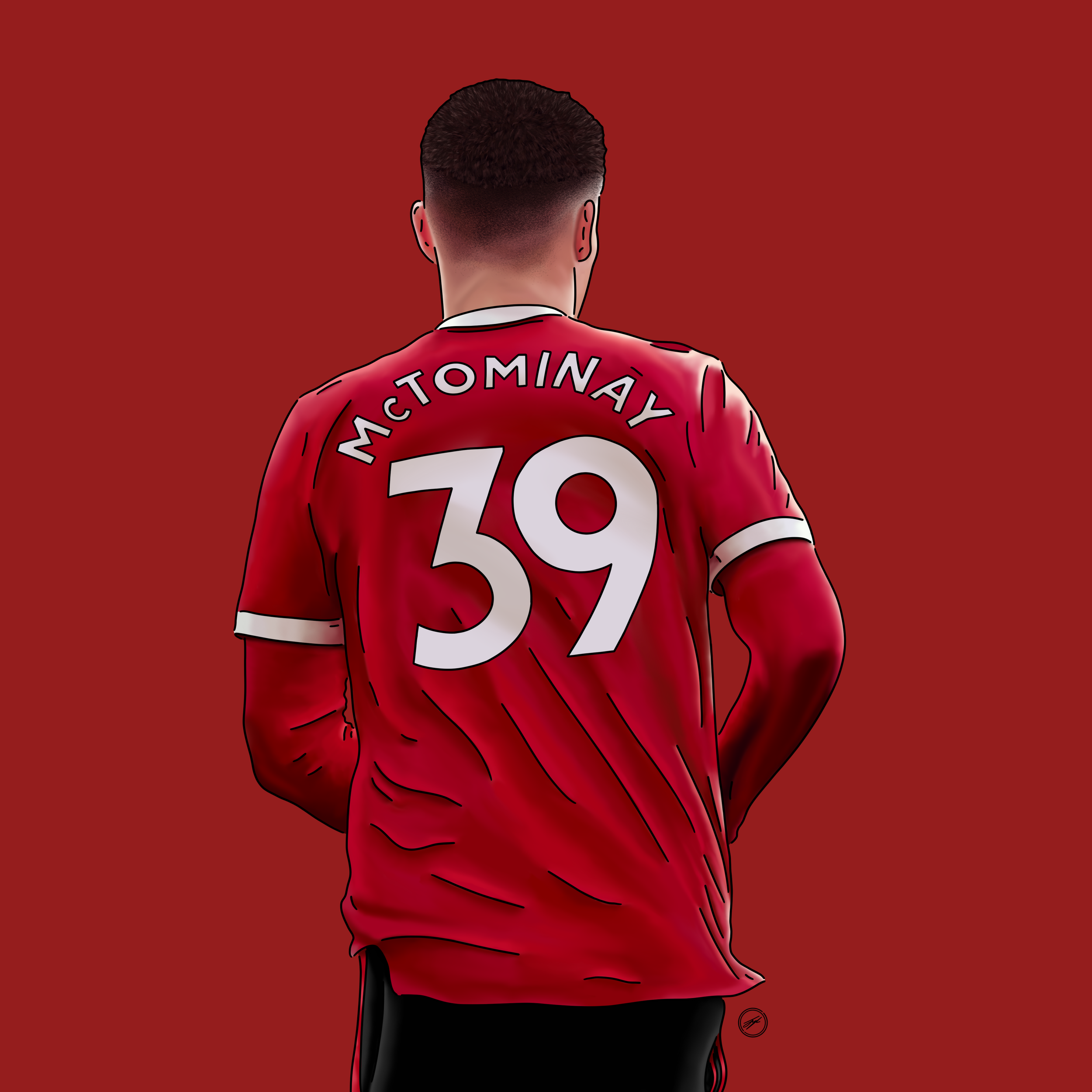 Illustration of a man seen from behind wearing a red sports jersey with the name "McTominay" and the number "39" on the back. The background is red.