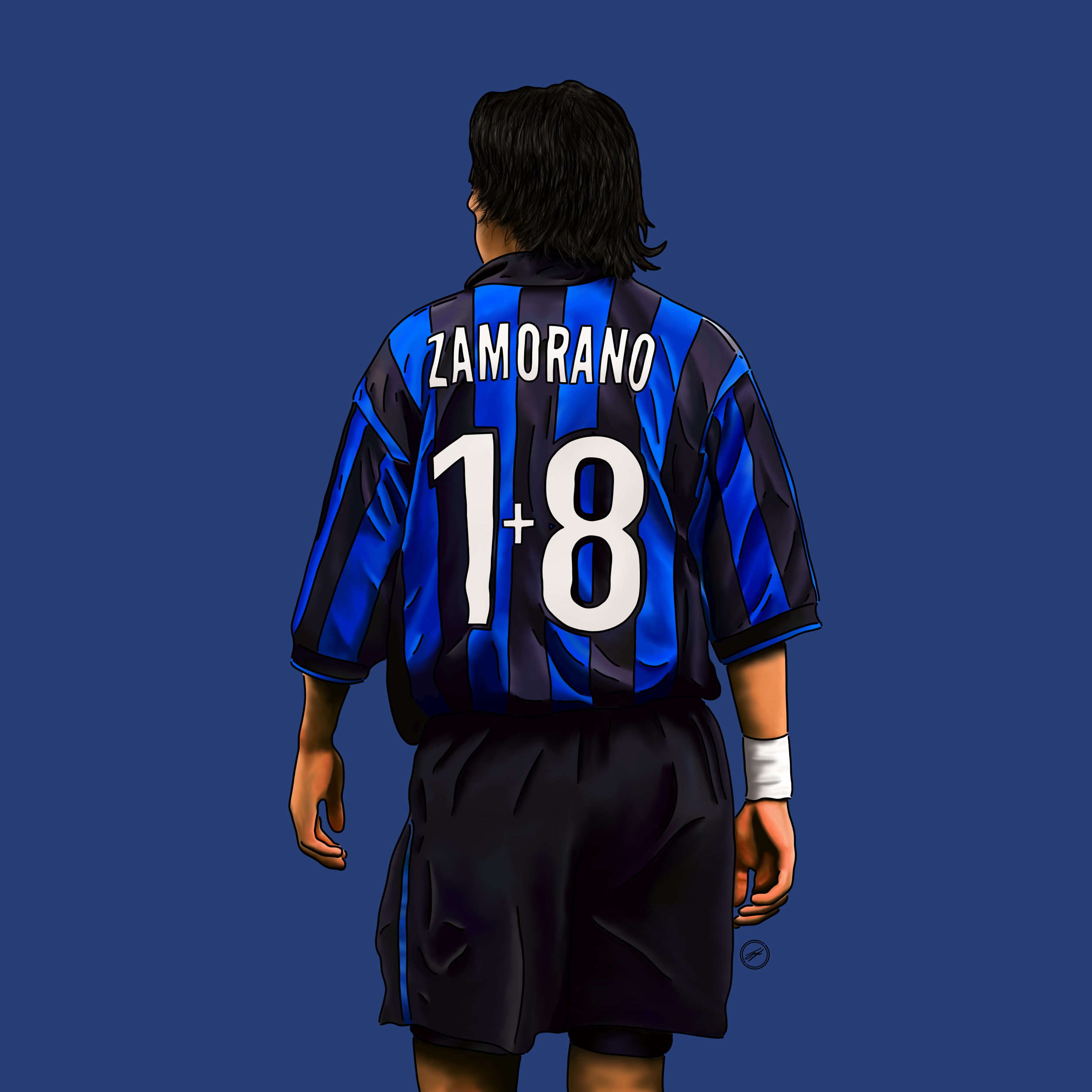 An illustration of a soccer player wearing a blue and black striped jersey with the name Zamorano and the number 18 on the back, facing away from the viewer against a blue background.