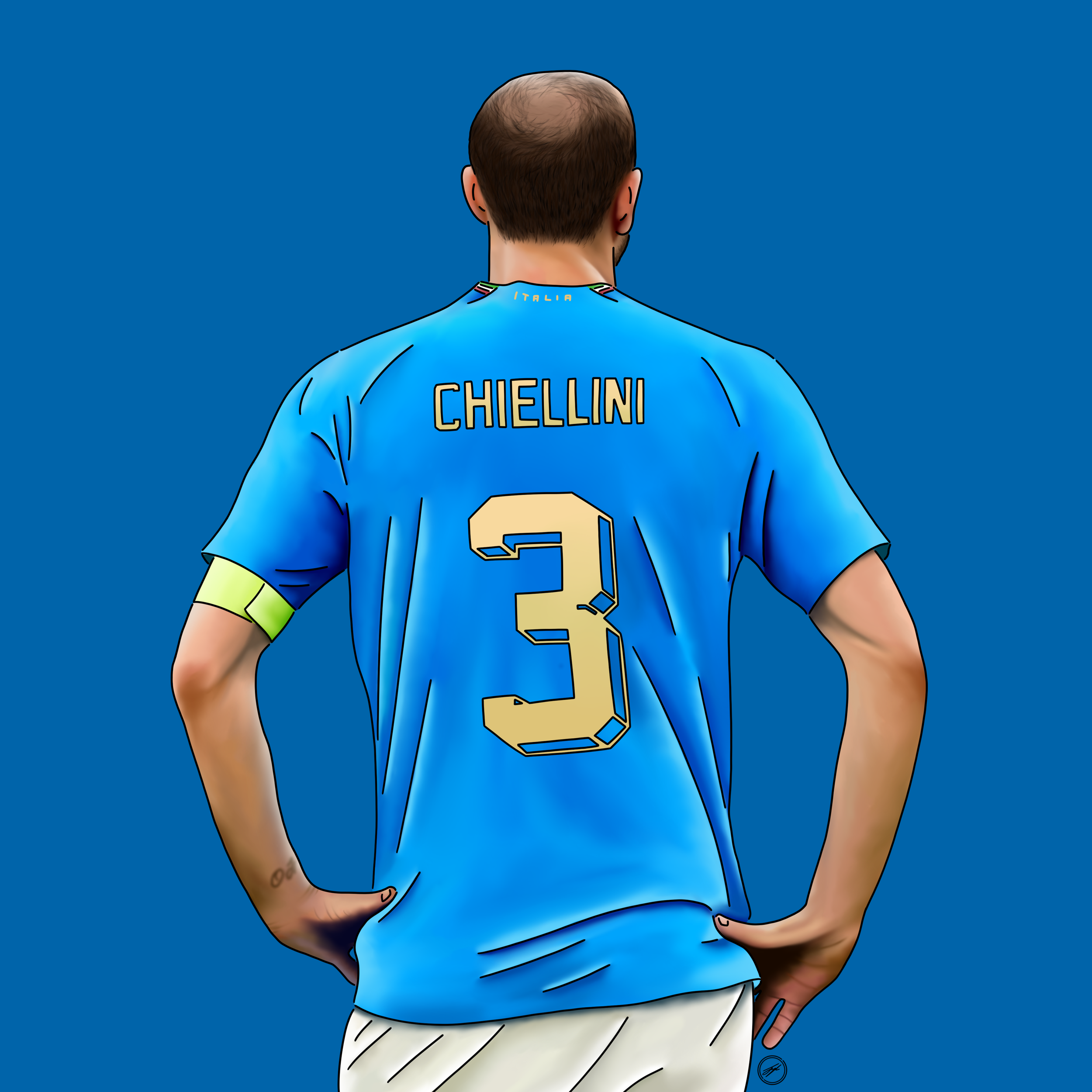 Back view of a soccer player wearing a blue Italy jersey with 'CHIELLINI' and number 3, standing against a blue background.