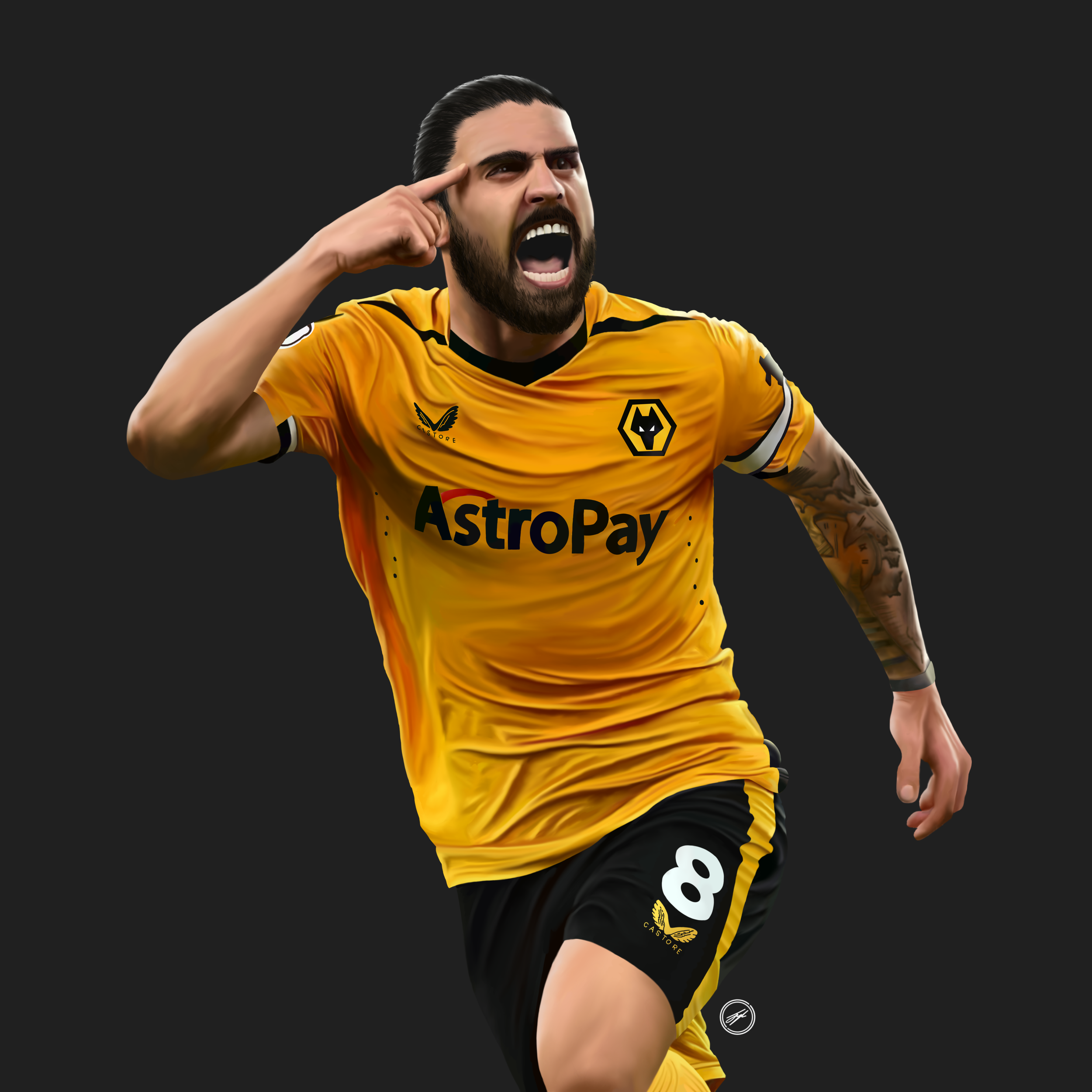 A soccer player in a yellow jersey celebrating, pointing to his head with the text 'AstroPay' on his shirt, and the number 8 on his shorts.