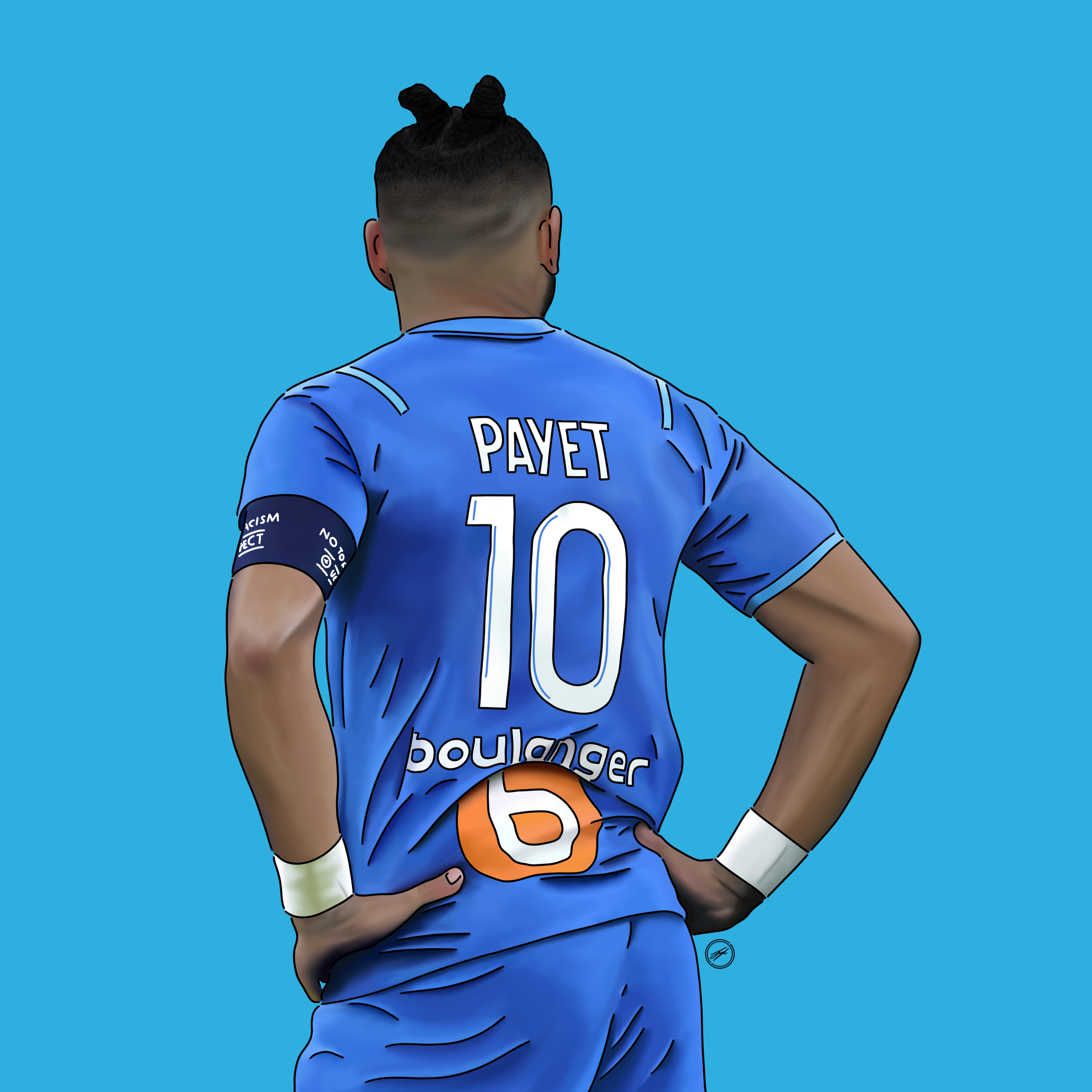 Illustration of a soccer player from behind wearing a blue jersey with the number 10 and the name 'ПАУЕТ' on the back, standing with hands on hips against a blue background.