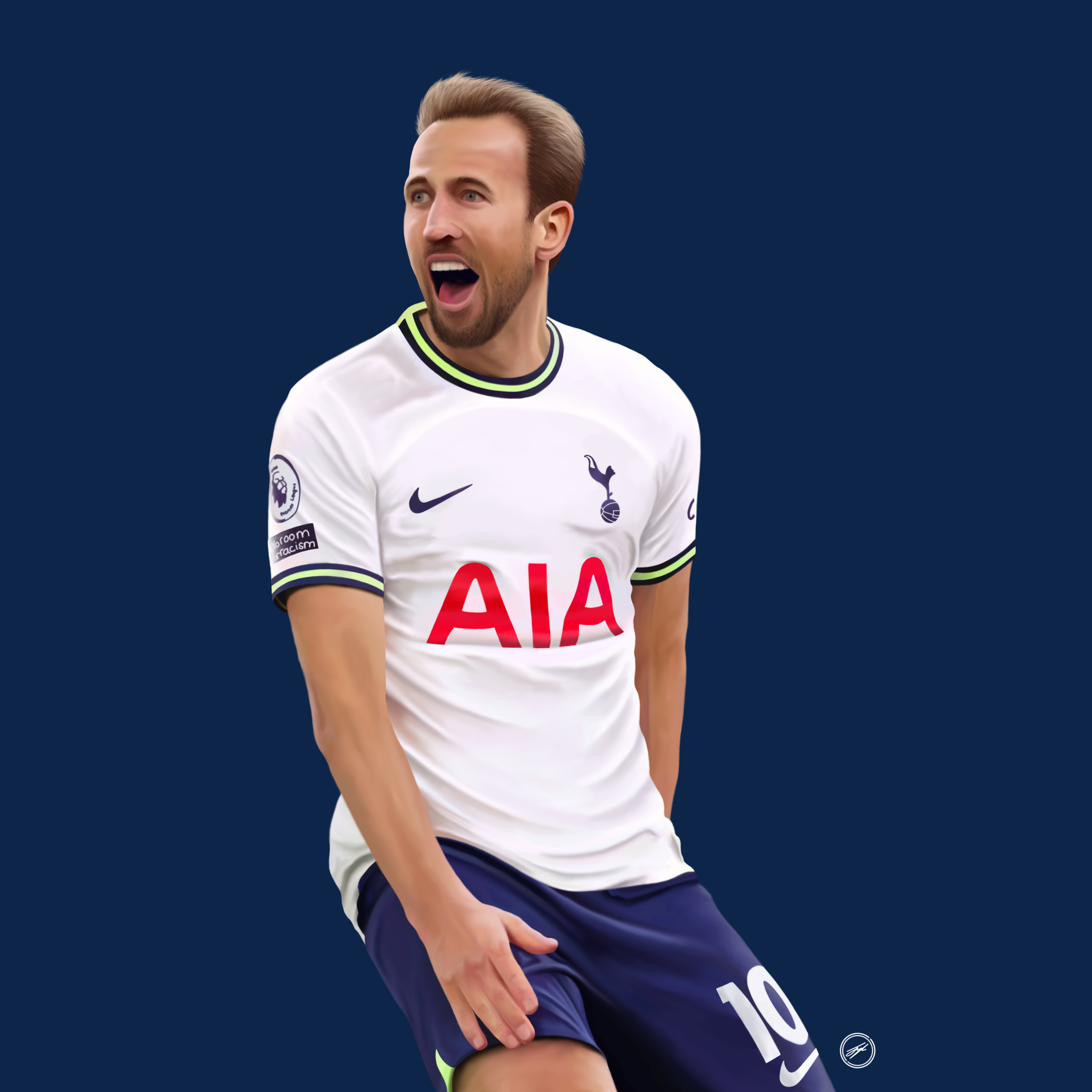 A soccer player wearing a white Tottenham Hotspur jersey with the number 10, celebrating with a joyful expression against a dark blue background.