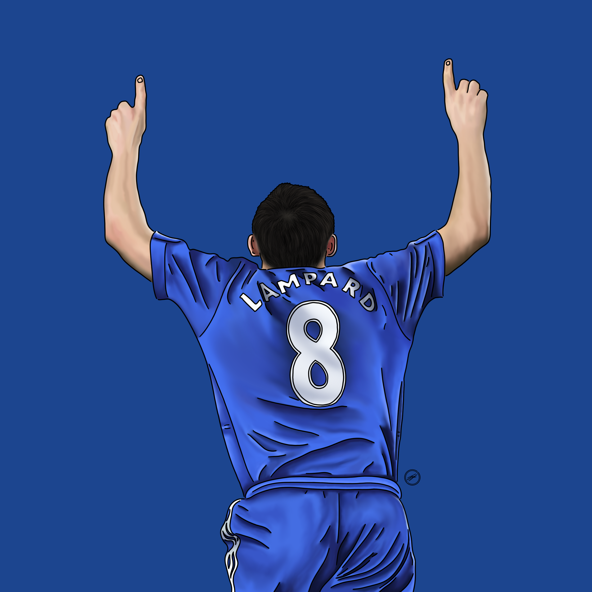 Digital illustration of a soccer player from behind, wearing a blue jersey with the name 'LAMPARD' and the number '8', raising both arms with index fingers pointing upward against a blue background.