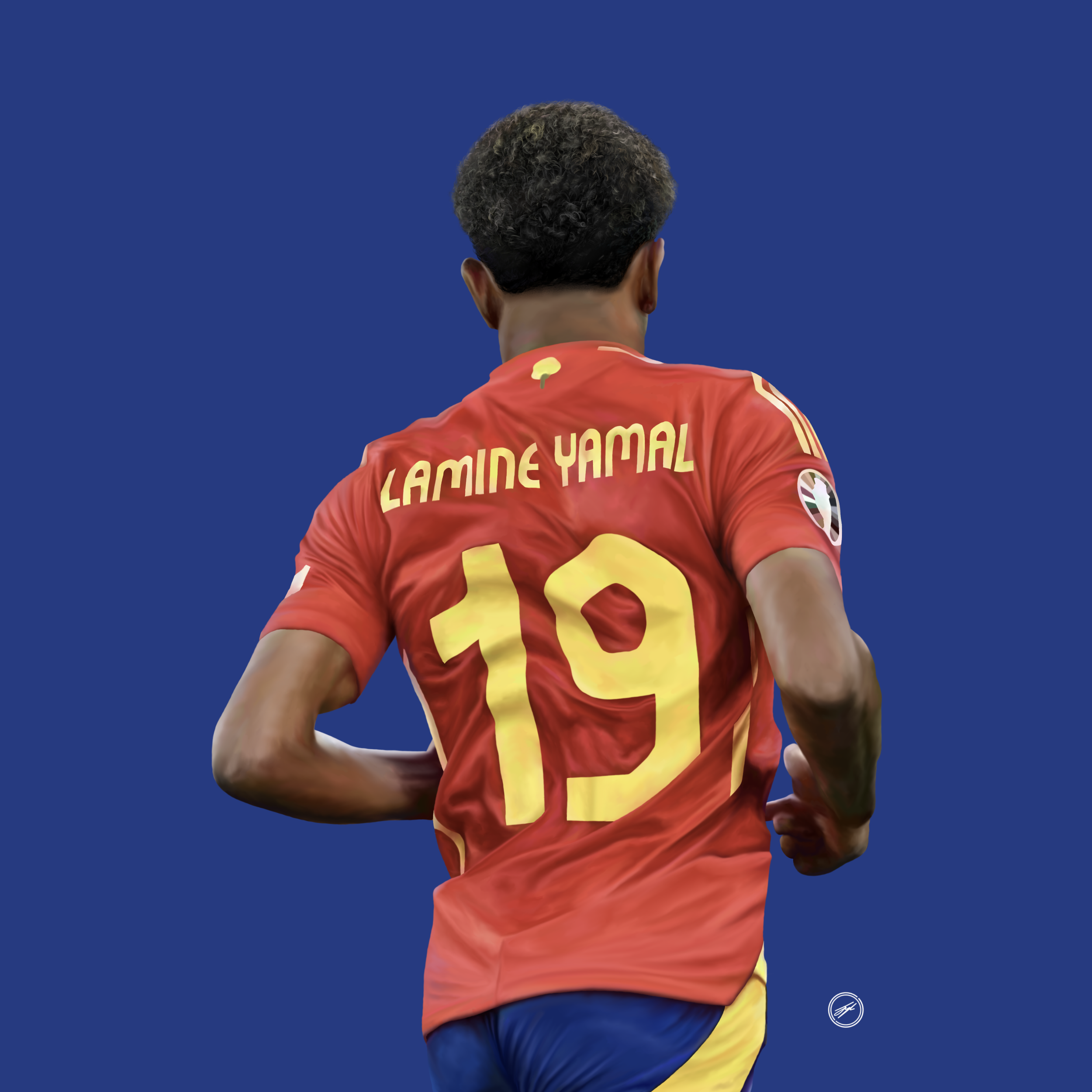 Back of a soccer player wearing a red jersey with yellow lettering and the number 19, with the name Lamine Yamal on the back, running on a solid blue background.