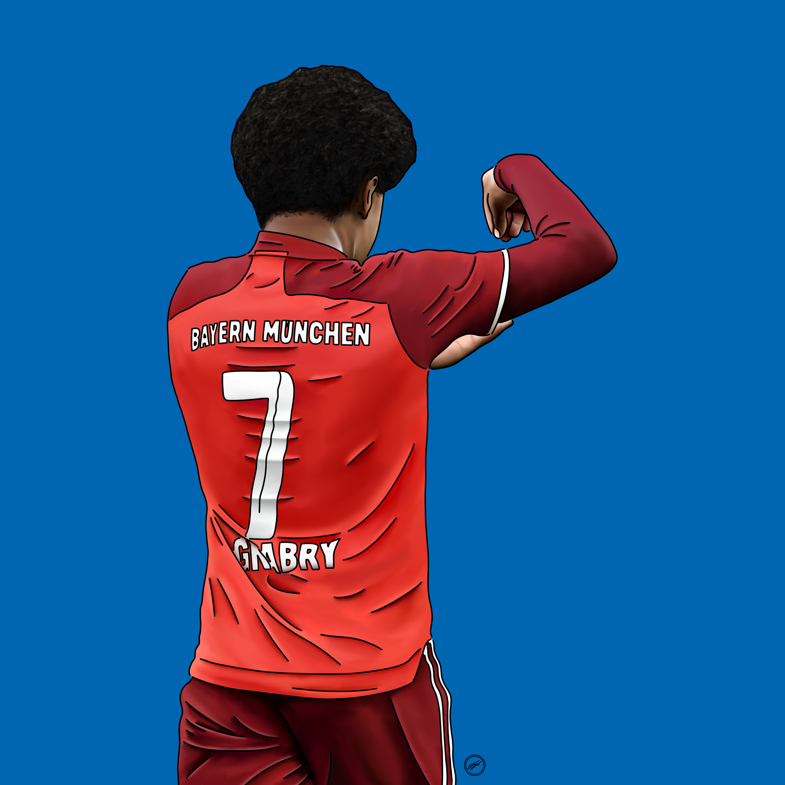 Digital illustration of a soccer player from Bayern Munich, showing the back of a red jersey with the number 7 and the name GIMBRY, against a solid blue background.