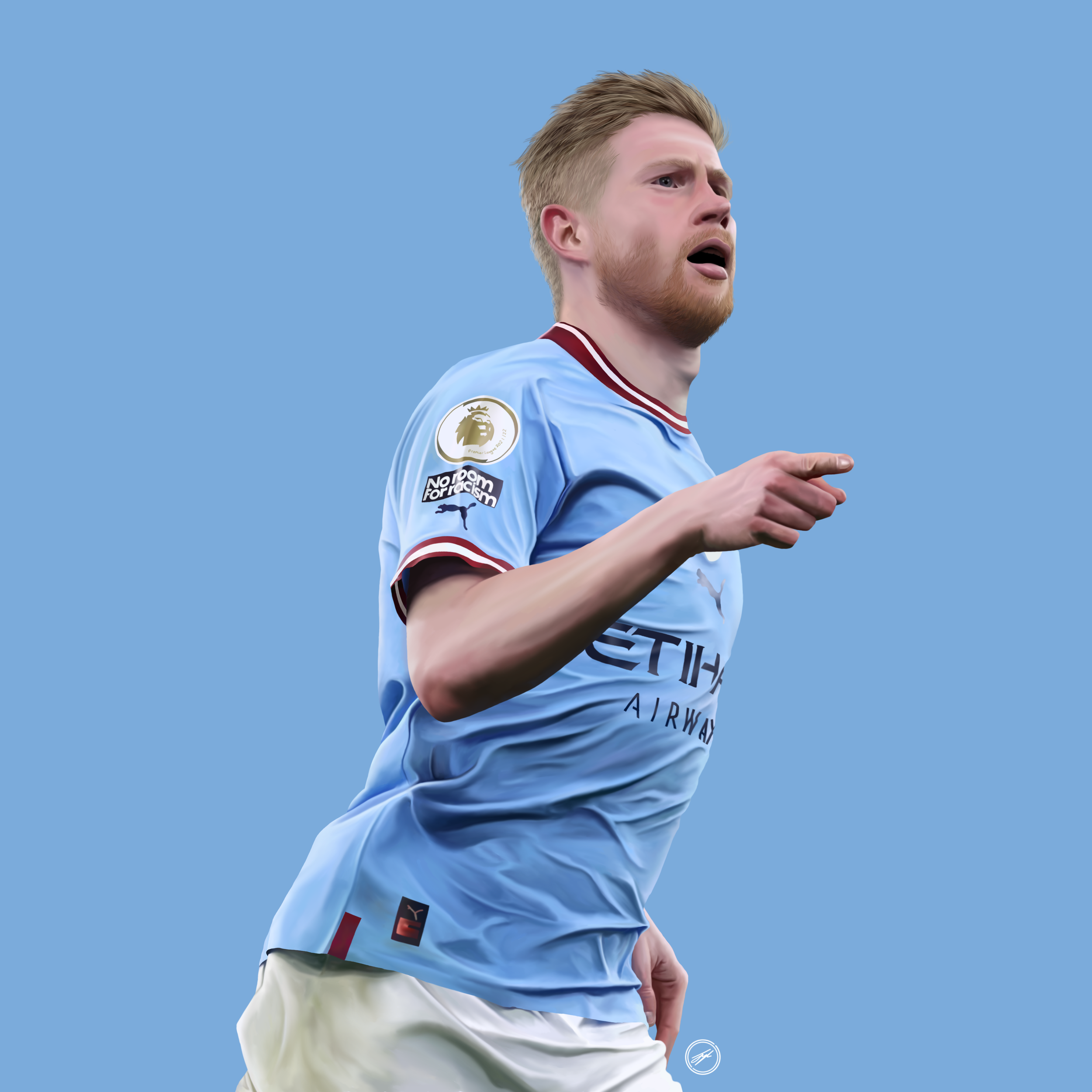 Digital illustration of a soccer player in a light blue Manchester City jersey pointing forward with a serious expression, set against a plain light blue background.