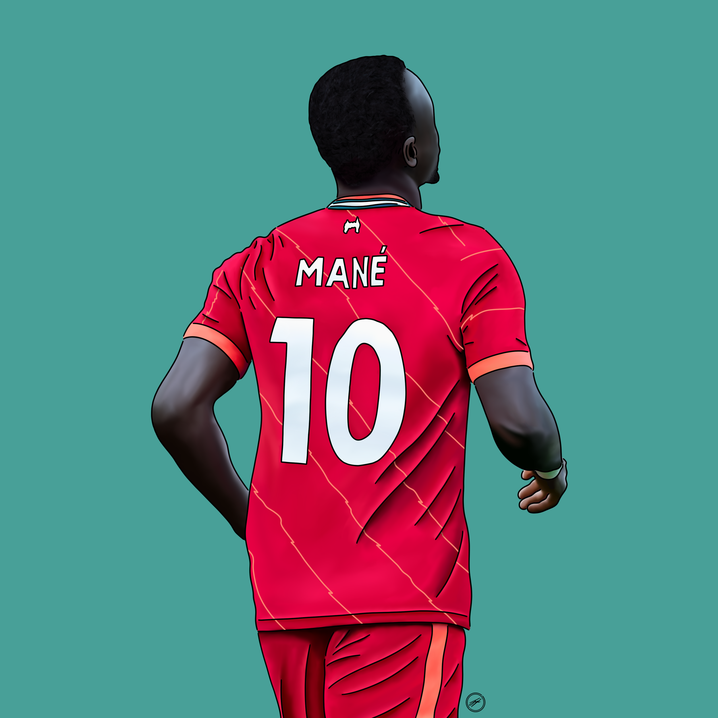 Digital illustration of football player Mané from behind, wearing red jersey with number 10, and a small logo on the back of the collar, against a teal background.