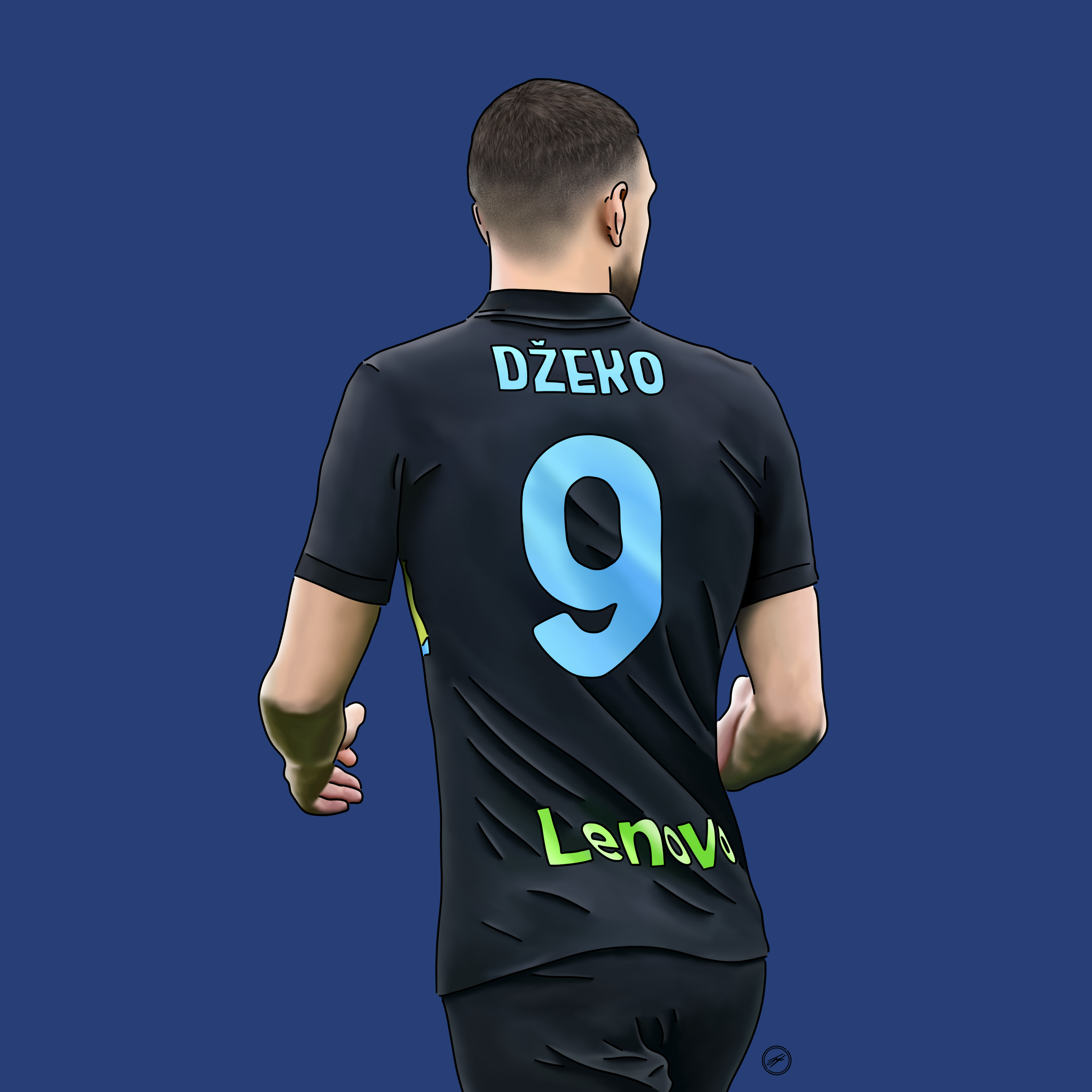 Digital illustration of a soccer player wearing a black jersey with the name Dzeko and number 9 on the back, against a dark blue background.