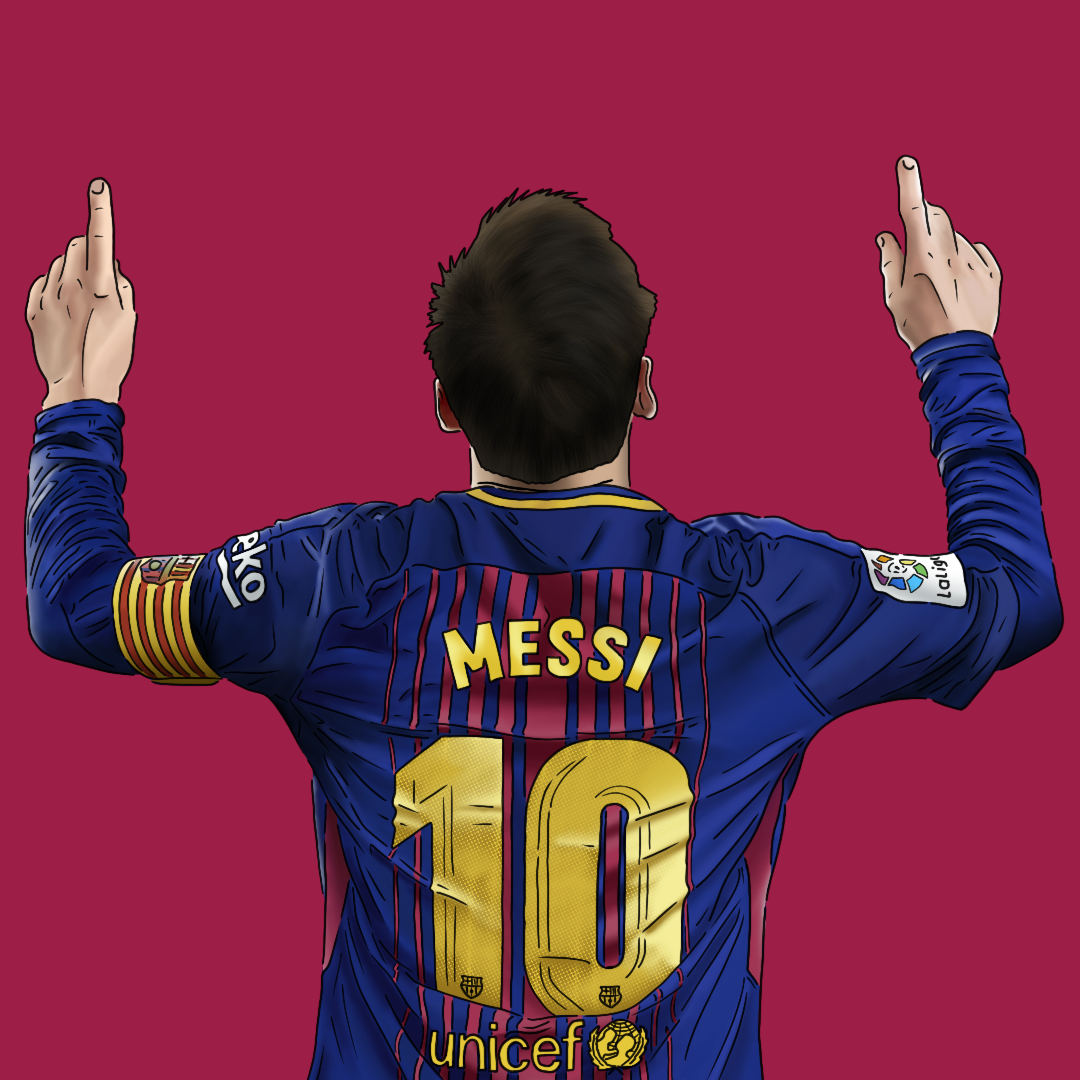 Back of a football player in a blue and red striped jersey with the name Messi and number 10, raising both arms with middle fingers extended, against a maroon background.