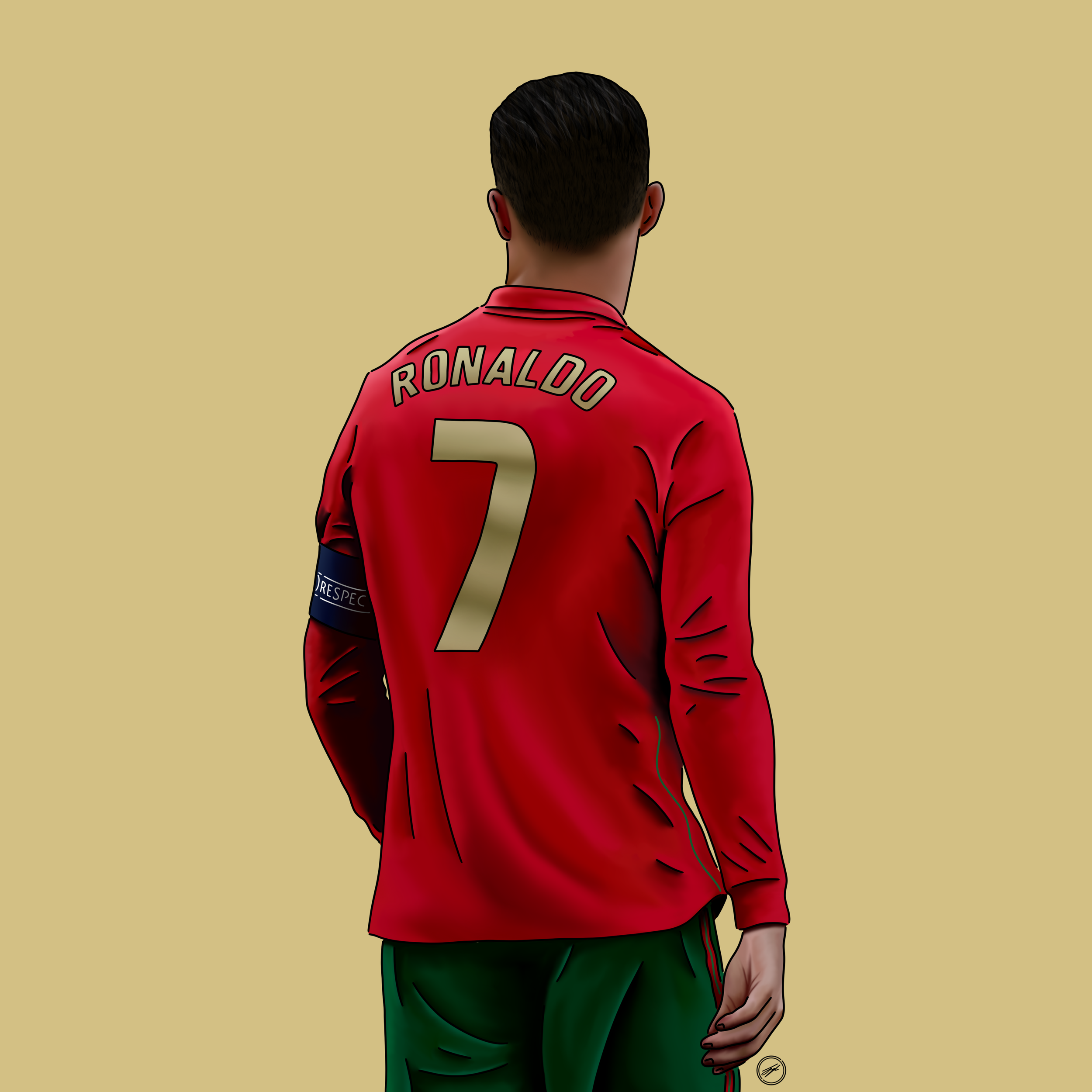 Illustration of a man from behind wearing a red sports jersey with 'Ronaldo' and the number 7 on it, against a plain beige background.