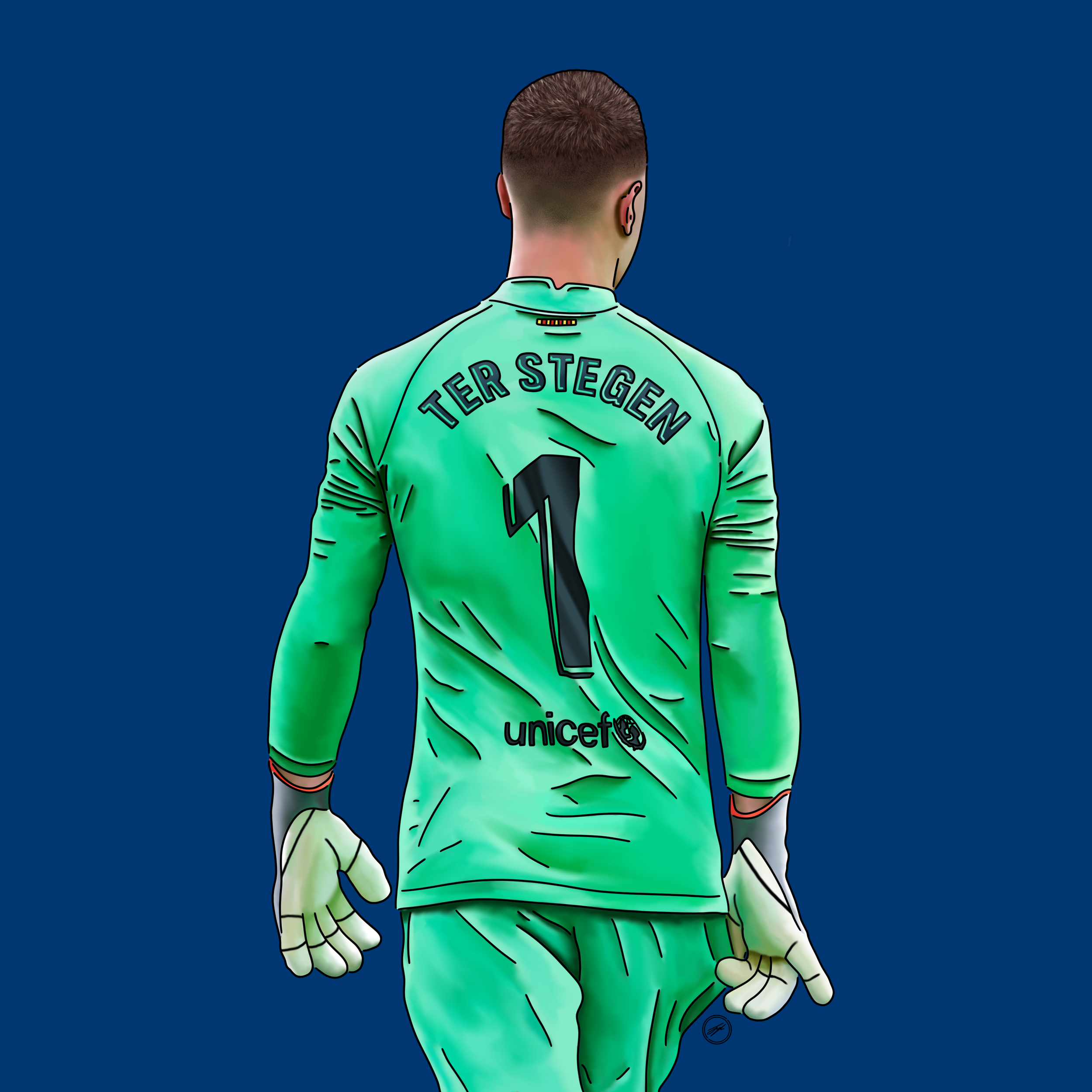 Illustration of a soccer goalkeeper from behind, wearing a green jersey with 'Tier Stégen' and number 1 on the back, against a dark blue background.