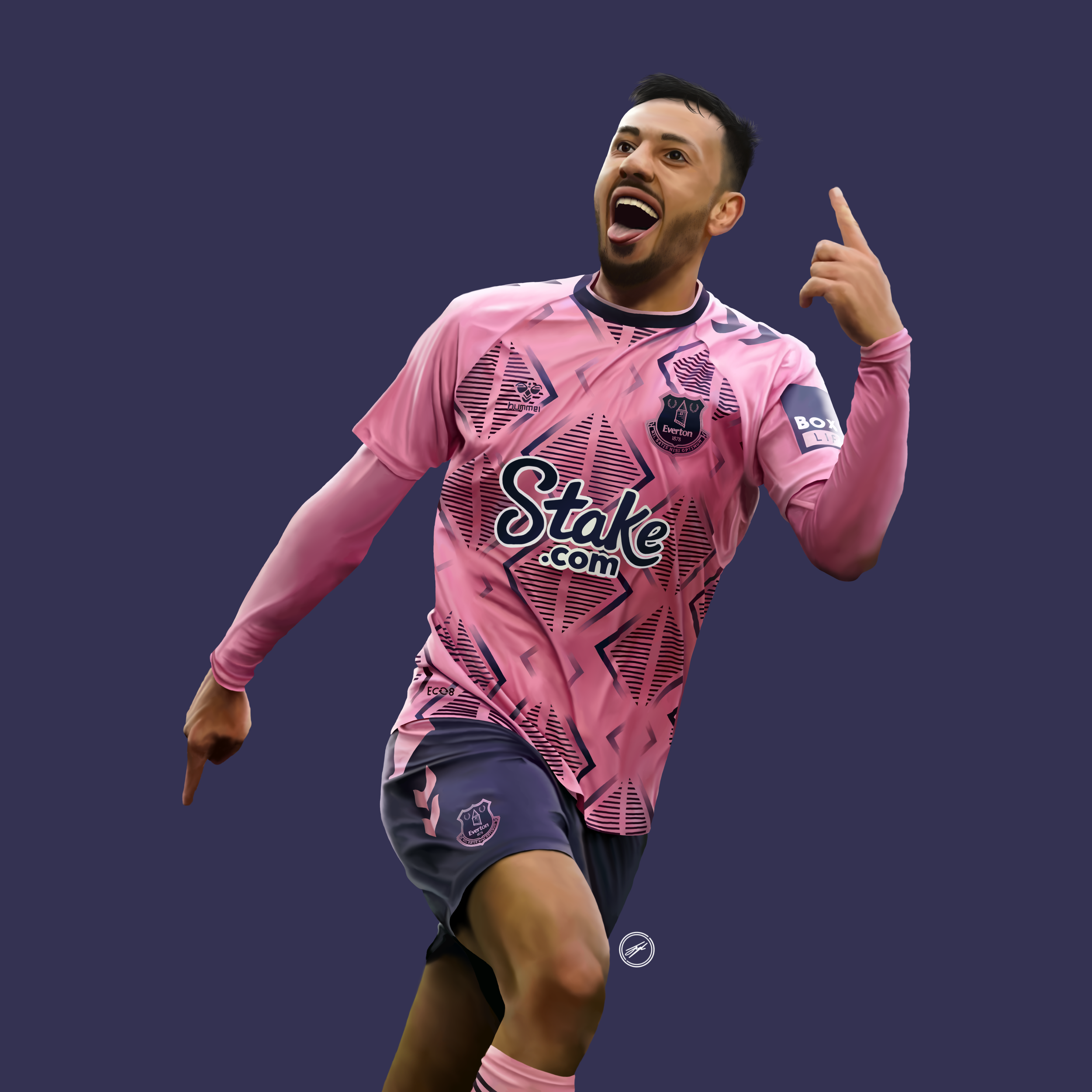 A soccer player in a pink jersey and black shorts celebrating, pointing upward with his right index finger, on a dark background.