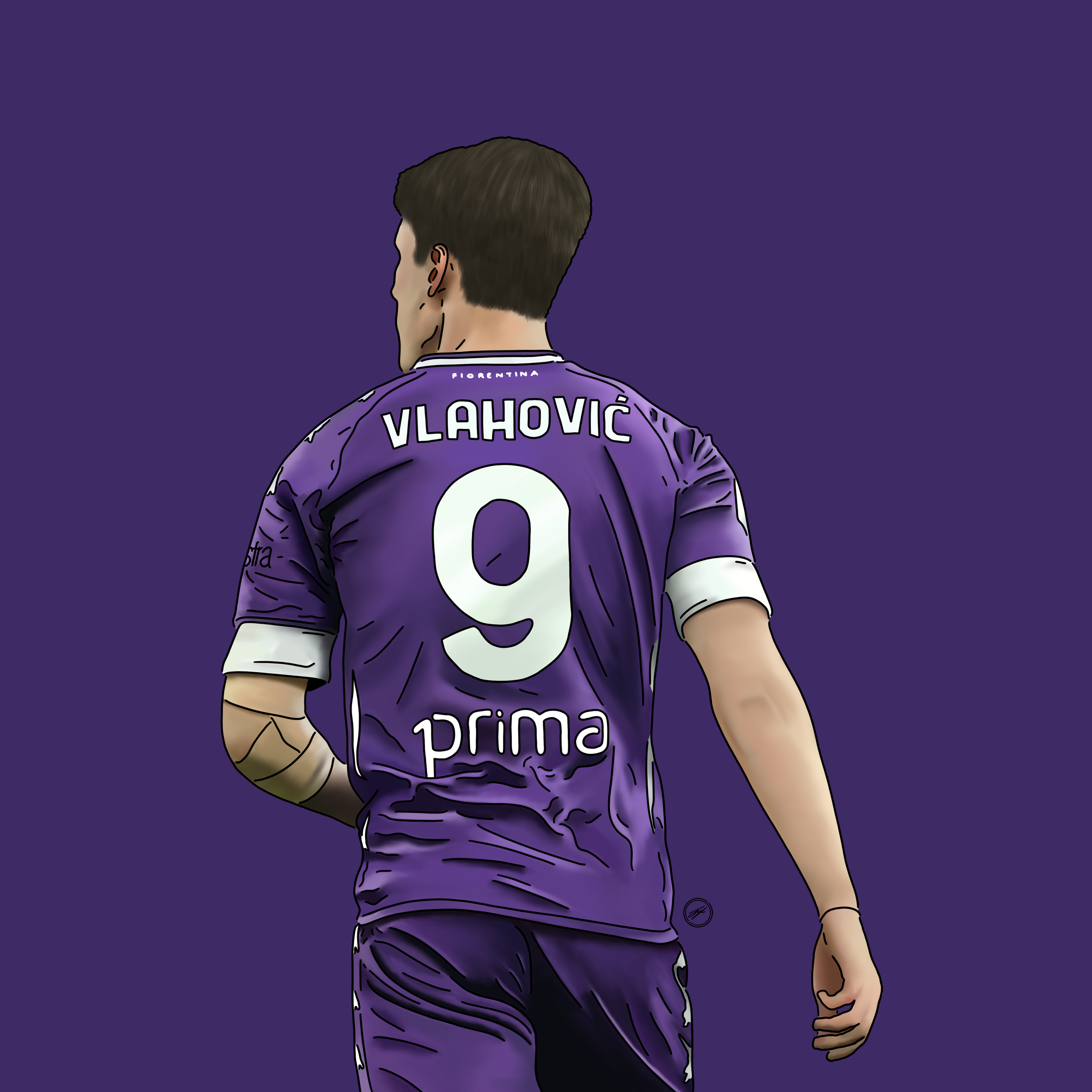 A digital illustration of a male soccer player from behind wearing a purple jersey with the name Vlahović and the number 9, set against a plain purple background.