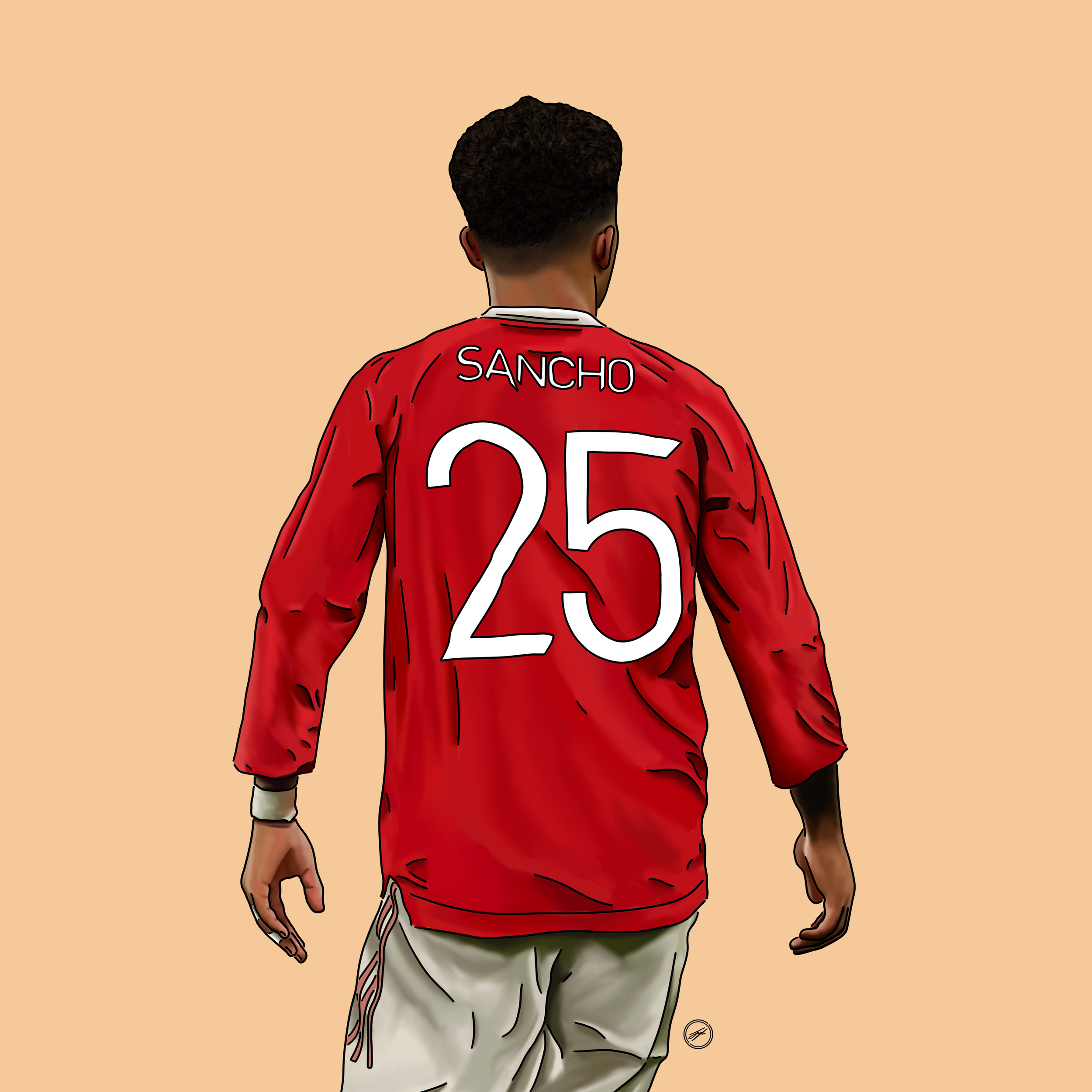 Illustration of a football player wearing a red jersey with the name SANCHO and number 25, walking away against a peach background.
