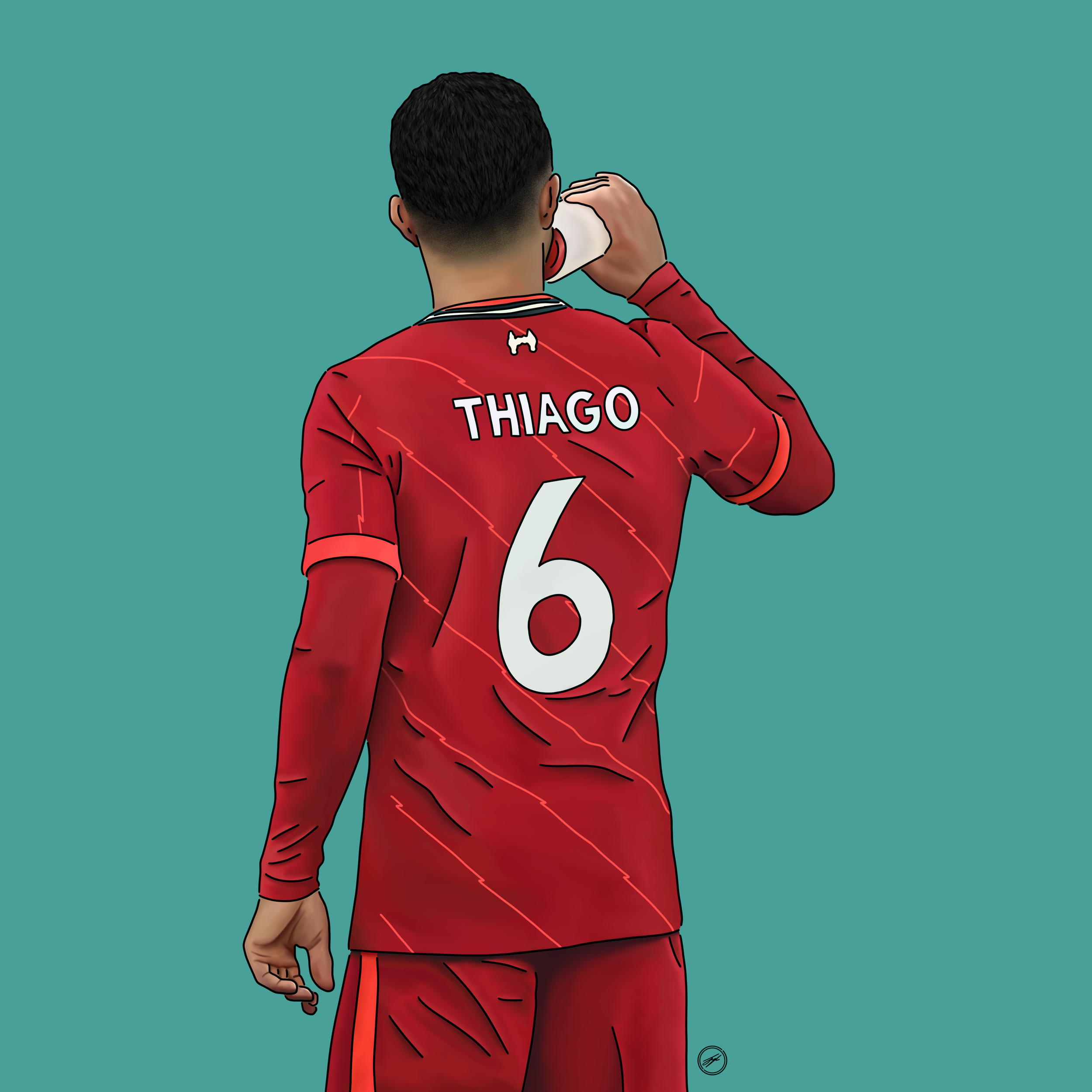 Illustration of a soccer player from behind, wearing a red jersey with the name 'Thiago' and the number '6', holding a phone to his ear against a teal background.
