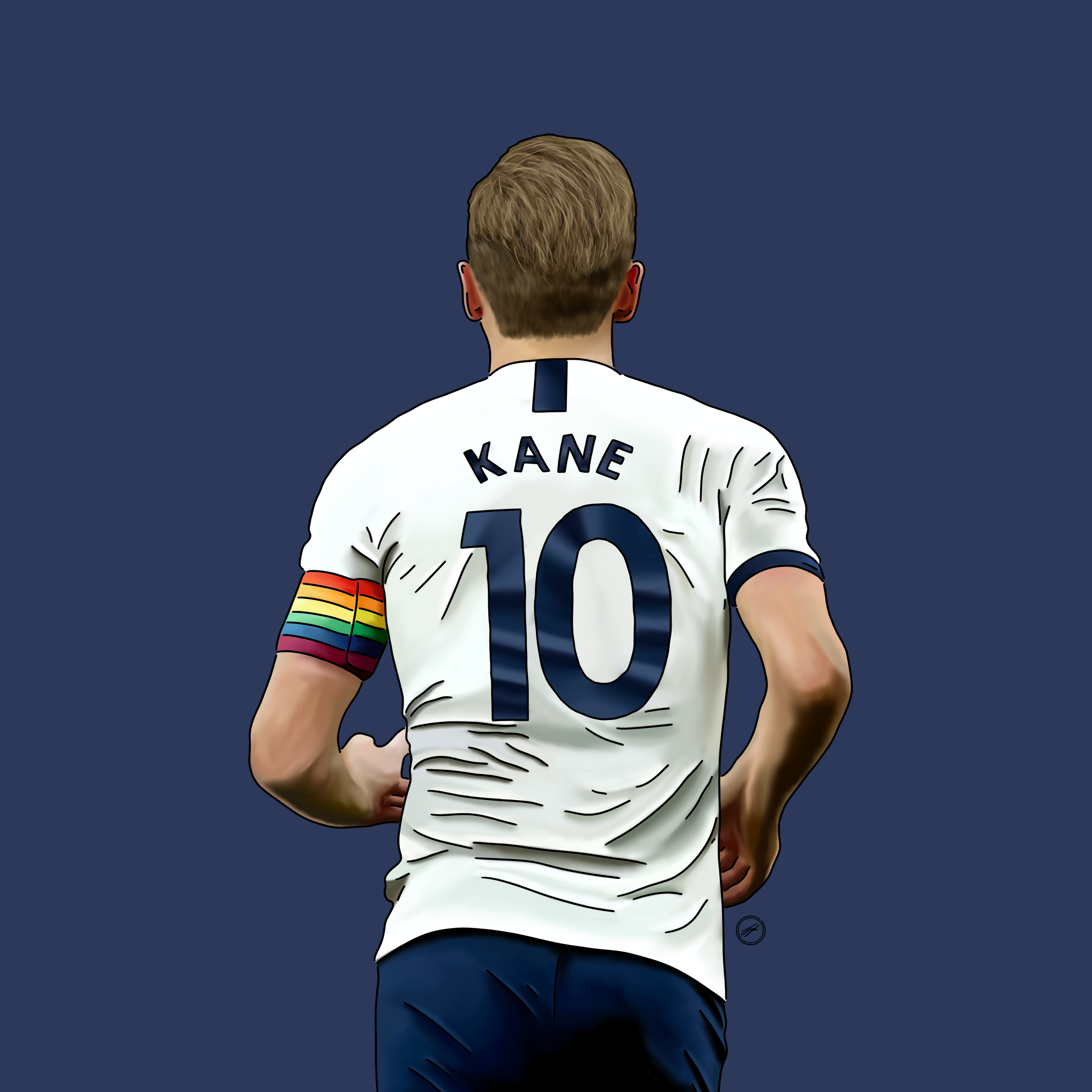 Illustration of a soccer player from behind, wearing a white jersey with the name 'Kane' and number '10', with a rainbow-colored captain's armband, set against a dark background.