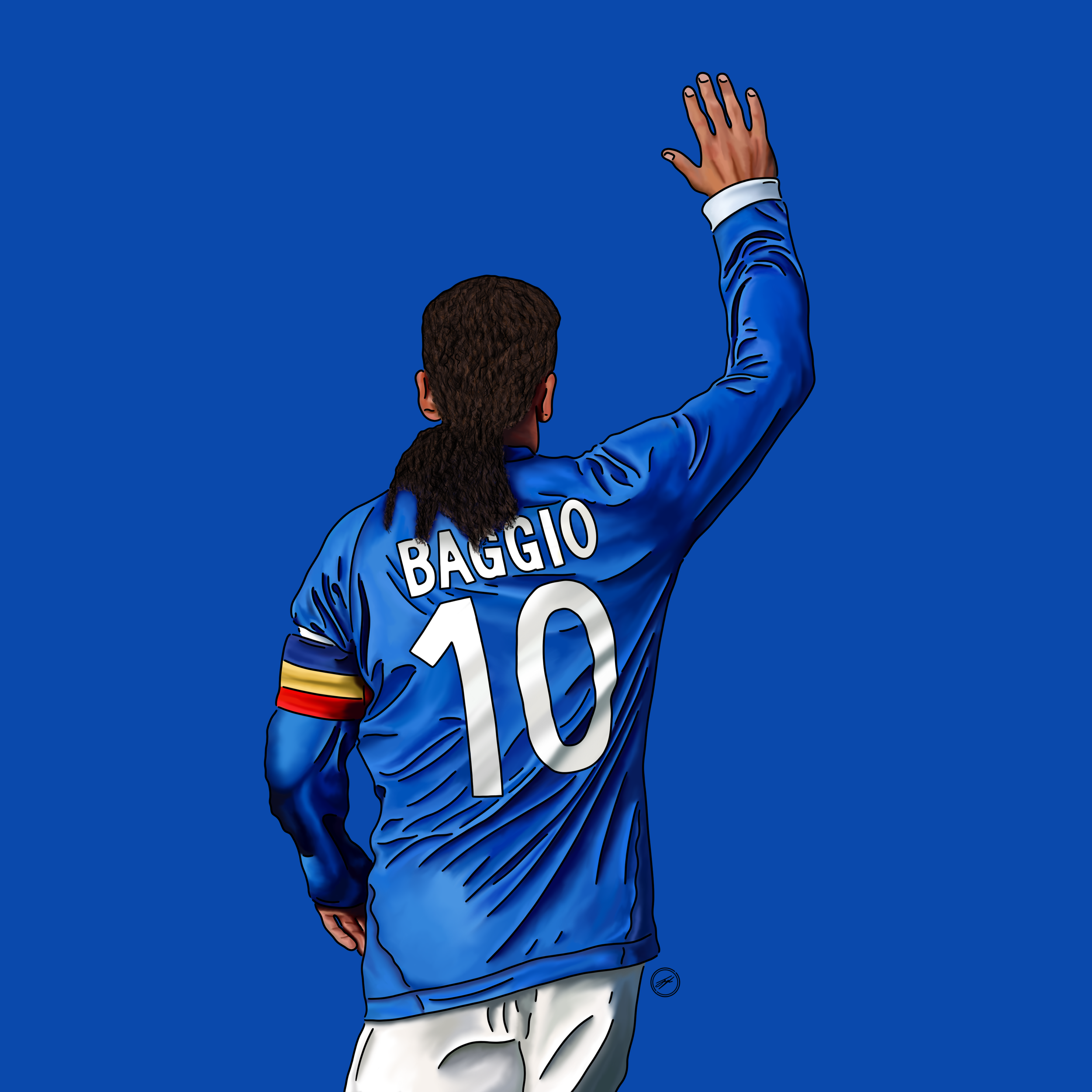 Illustration of a soccer player seen from the back, wearing a blue jersey with the name "BAGGIO" and number "10," waving with their right hand, and long hair tied in a ponytail, against a blue background.