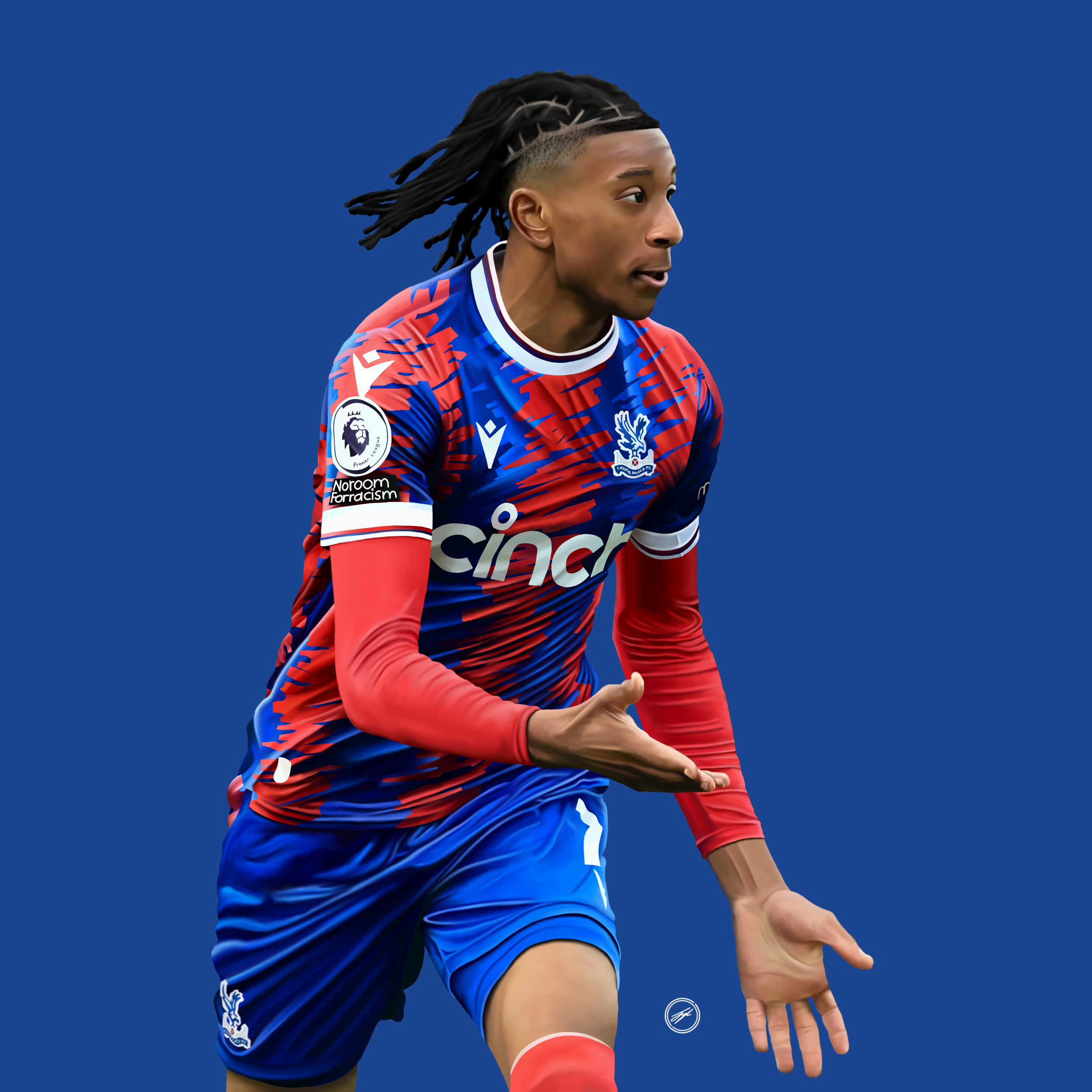 A soccer player with dreadlocks and wearing a blue and red jersey, running on the field with a focused expression.