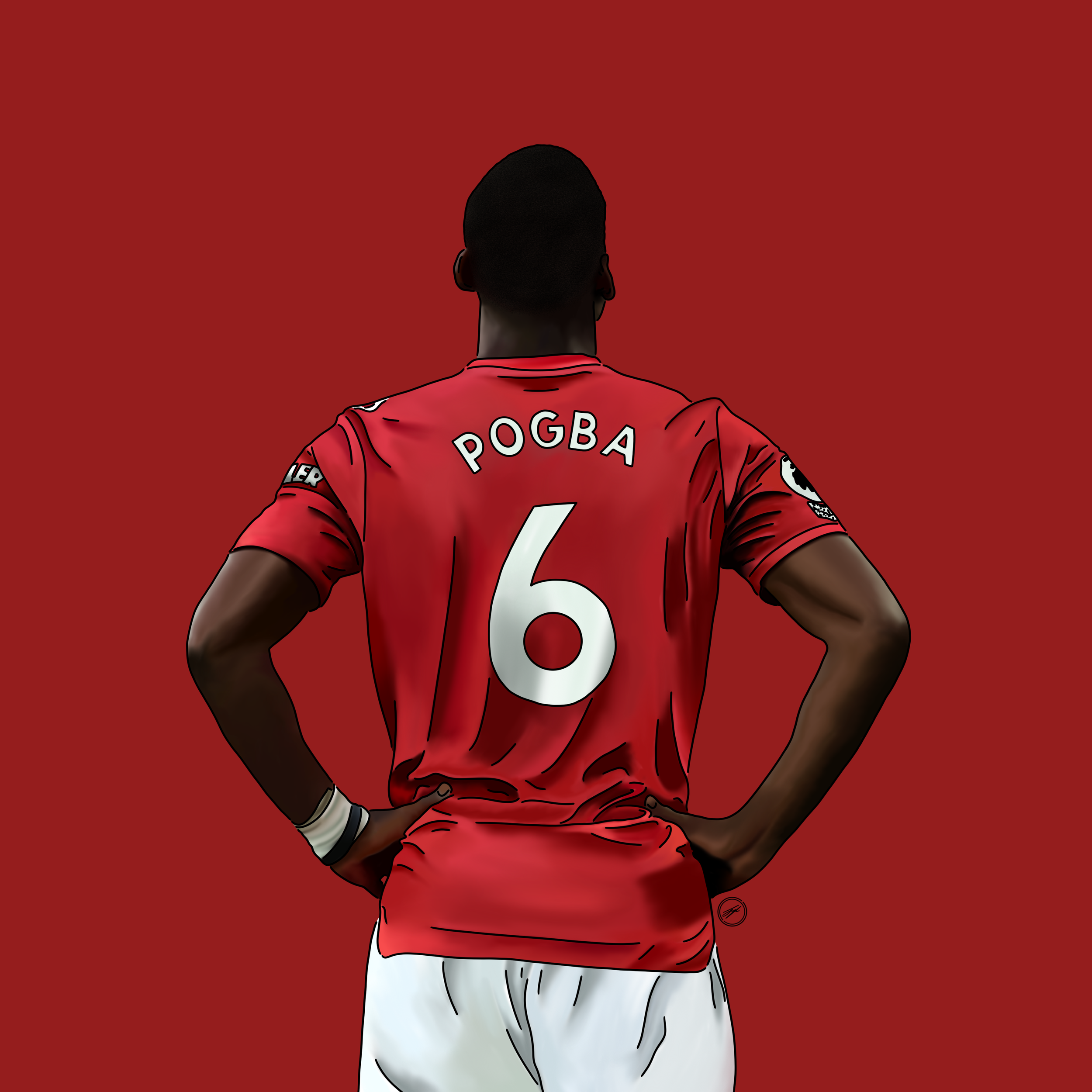 Back view of a soccer player wearing a red jersey with the name 'POGBA' and number 6, standing with hands on hips against a red background.