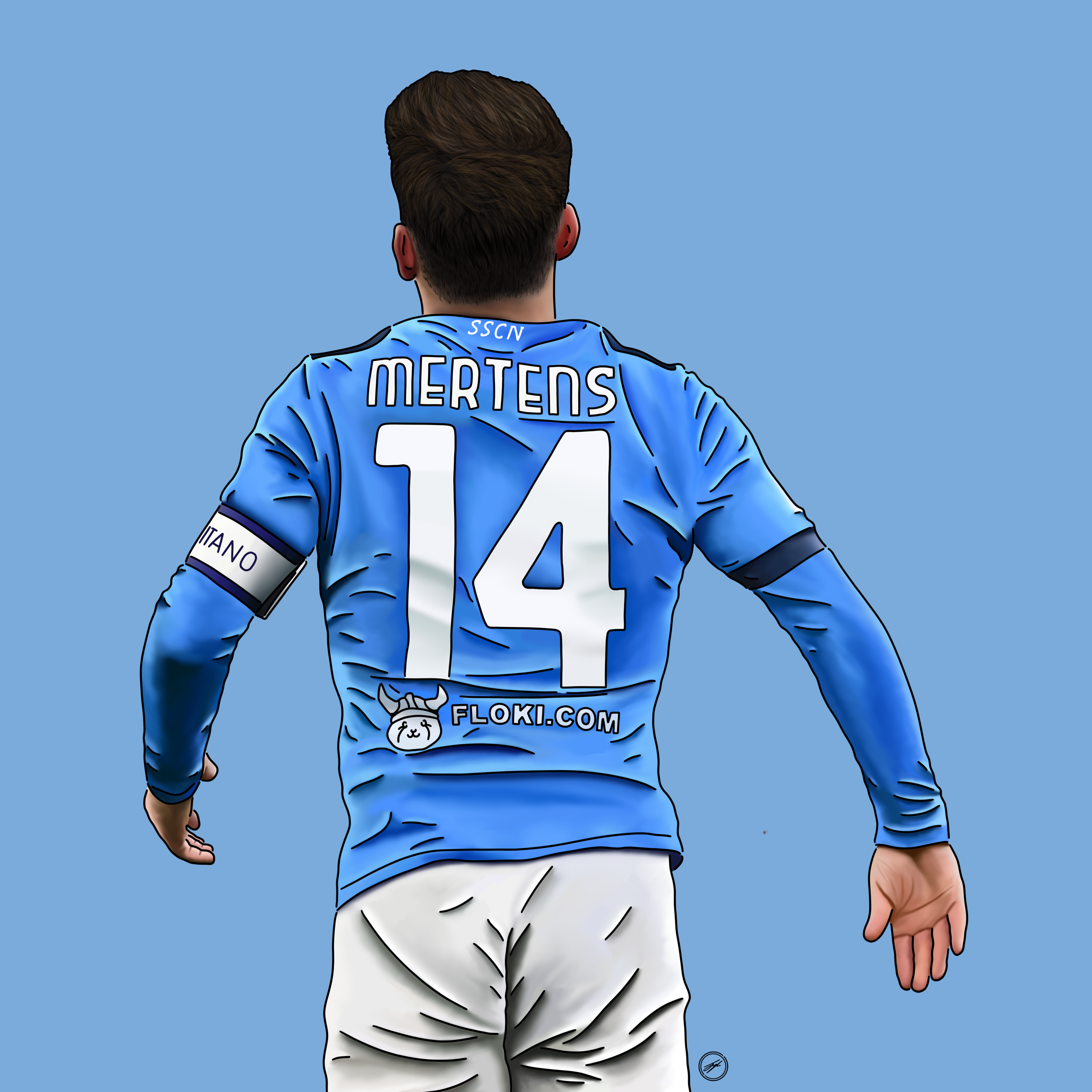 Digital illustration of a male soccer player from behind, wearing a blue jersey with the name 'MERTENS' and the number '14,' against a solid blue background.