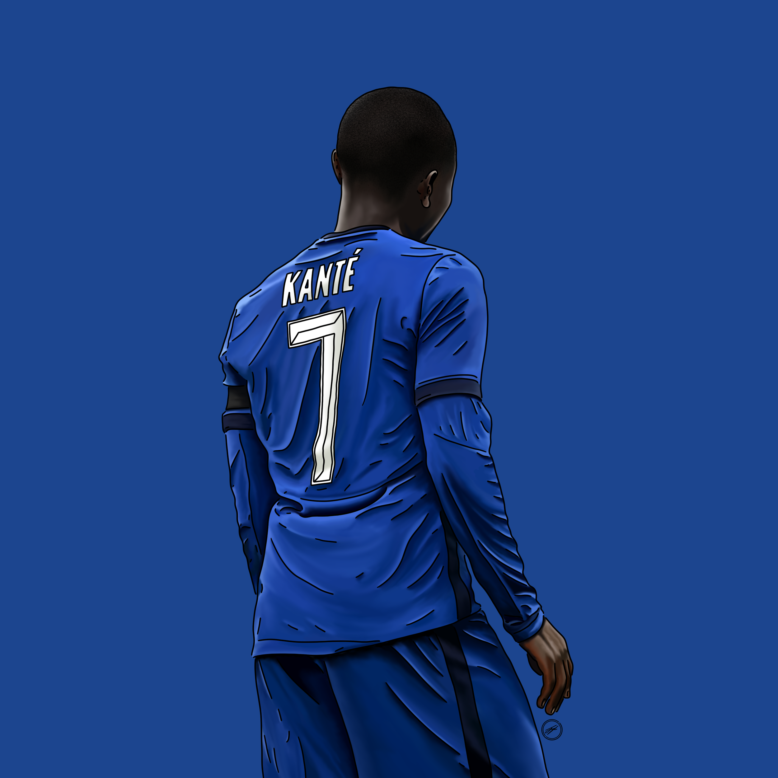 Digital illustration of football player wearing a blue jersey with 'KANTÉ' and the number '7' on the back, facing away from the viewer, against a deep blue background.