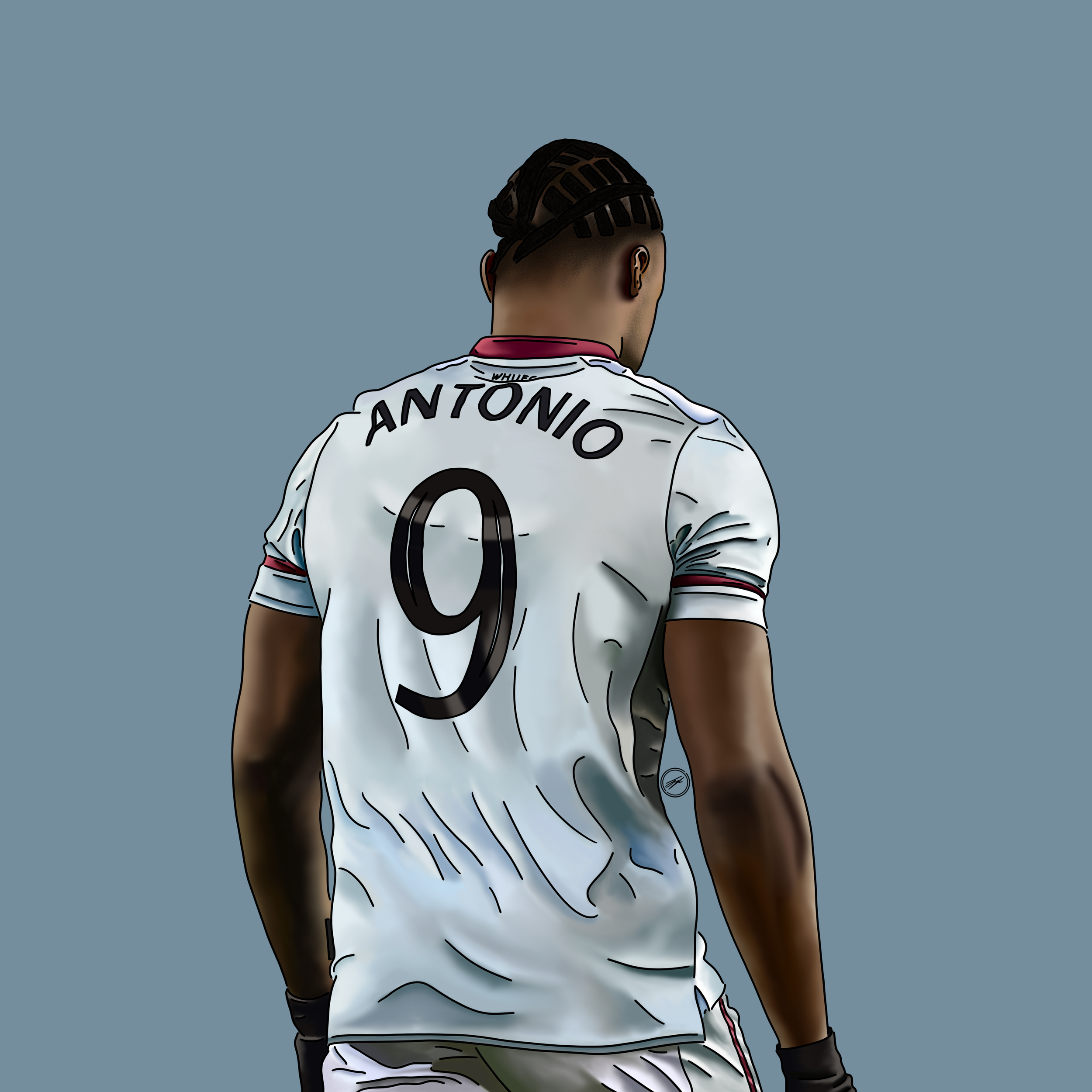 Digital illustration of a soccer player with short hair, viewed from behind, wearing a white jersey with the name "ANTONIO" and the number "9" on the back, against a plain light blue background.