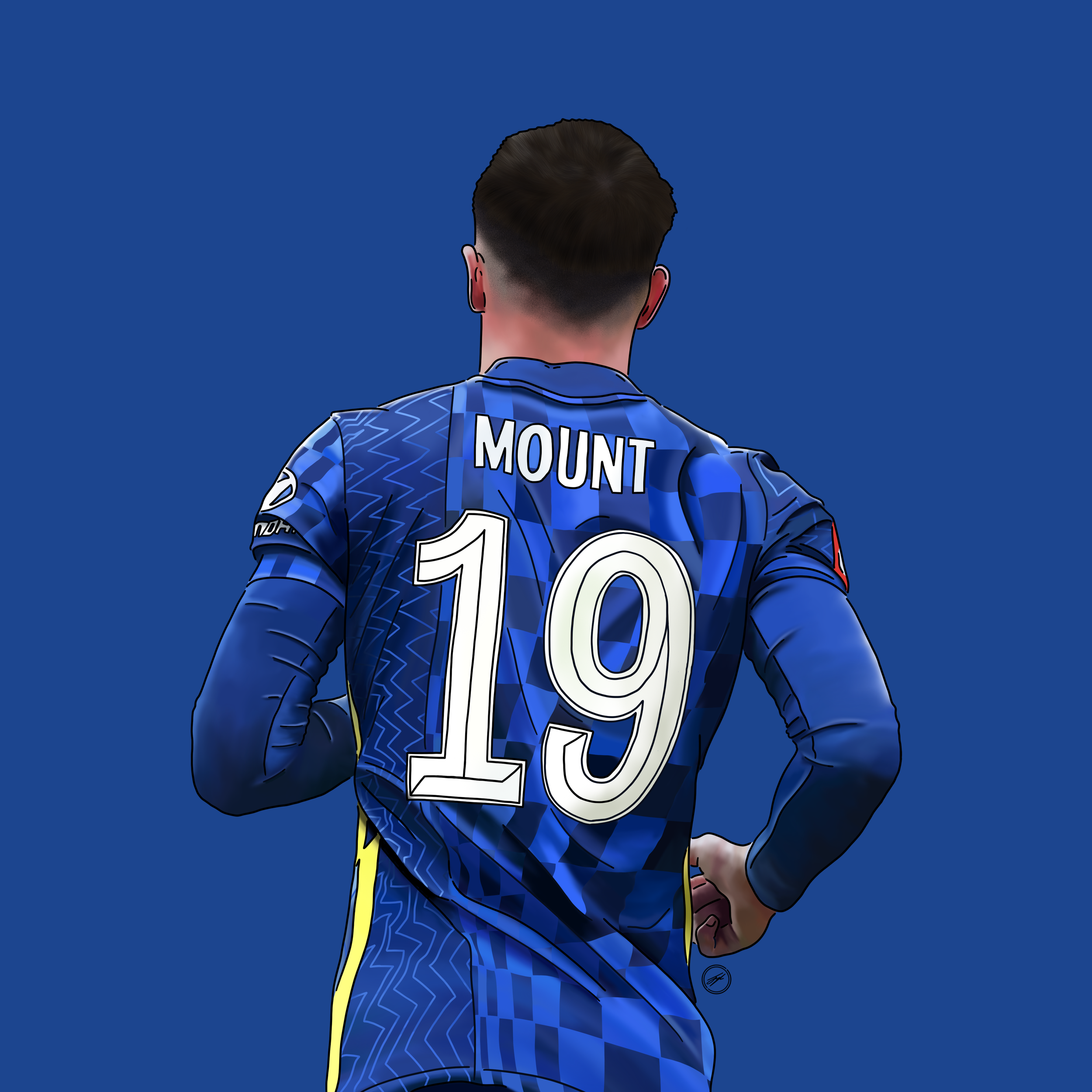 Digital illustration of a football player from behind, wearing a blue jersey with the name 'MOUNT' and the number '19' on it, standing against a plain blue background.
