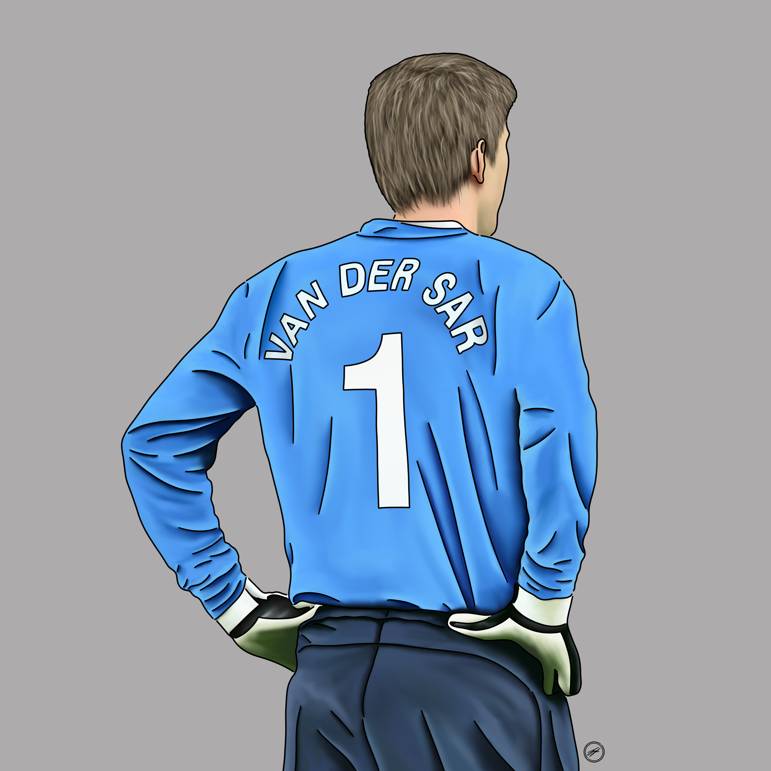 Illustration of a male soccer goalkeeper from behind, wearing a blue jersey with 'VAN DER SAR' and the number 1 printed on the back.